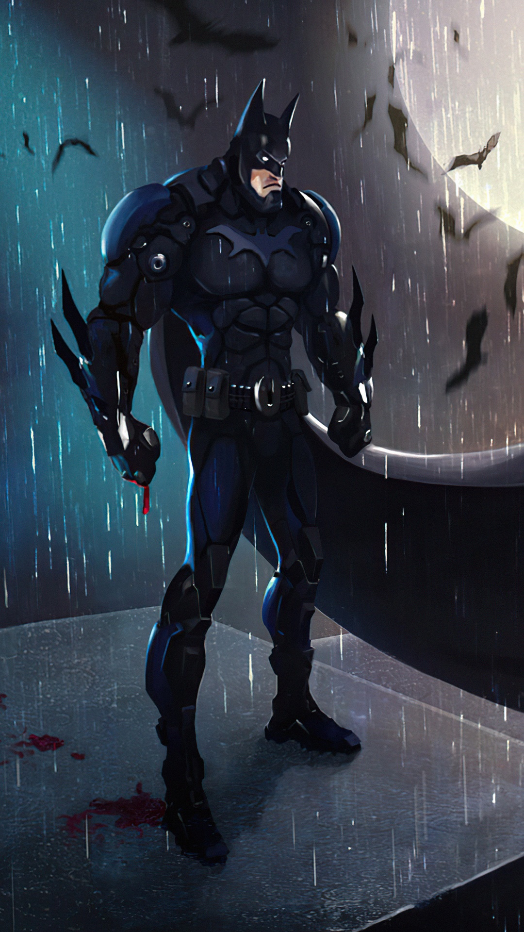 Batman standing in the rain with bats flying HD Phone Wallpaper