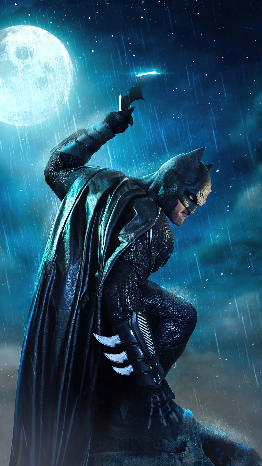 Batman holding a batarang in the rain HD Phone Wallpaper