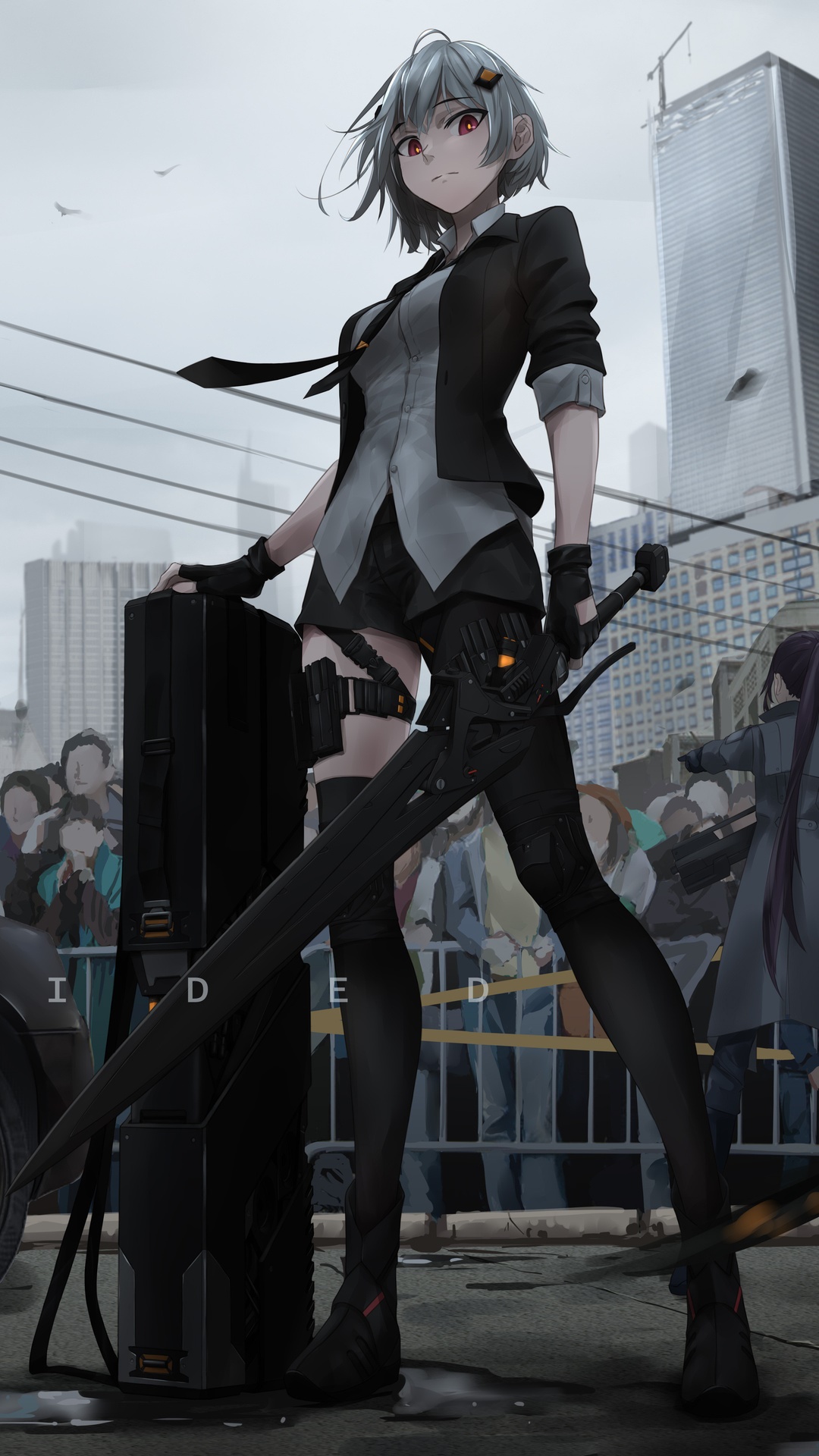 Anime girl with sword and briefcase HD Phone Wallpaper