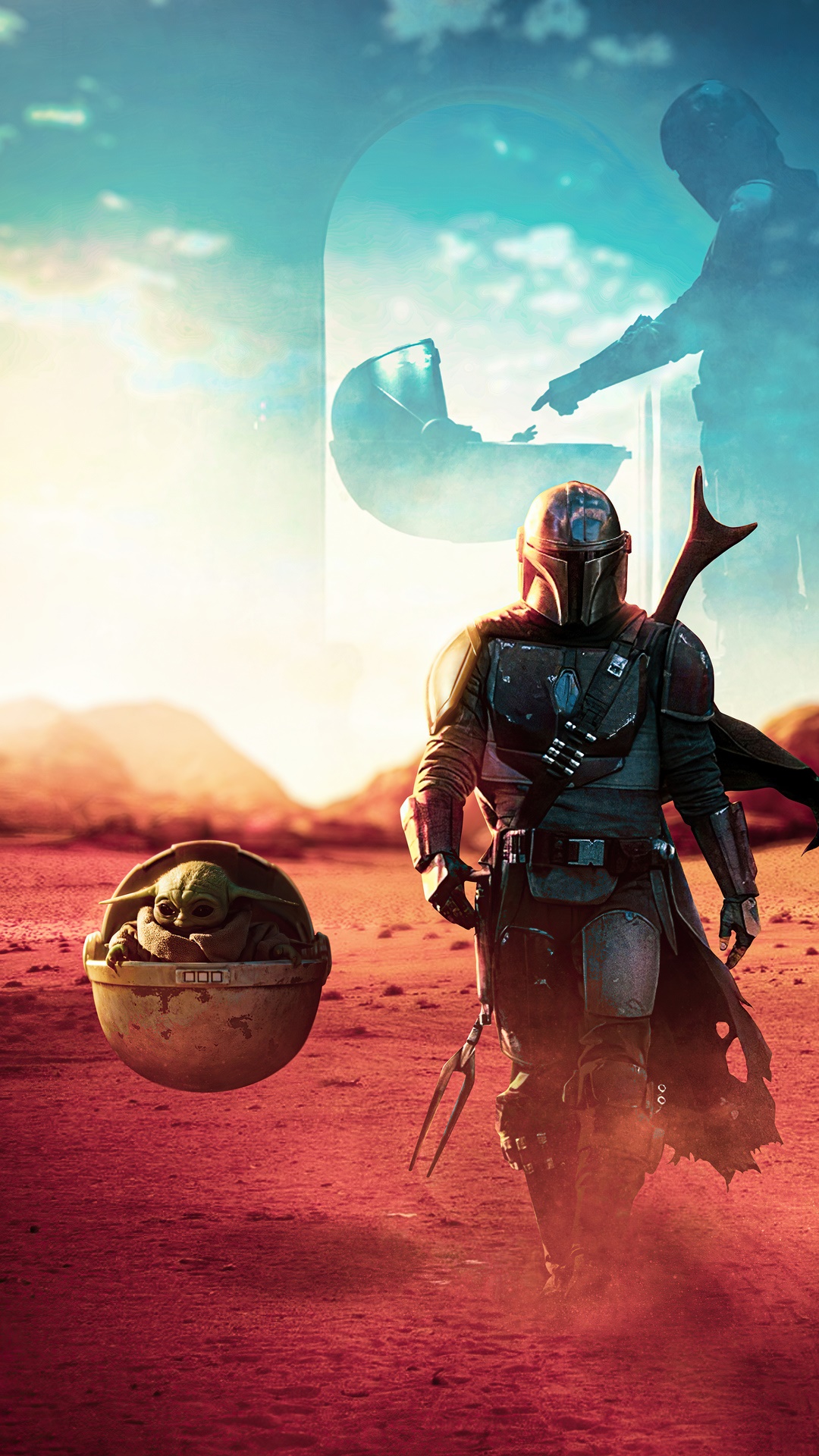 The Mandalorian and Grogu on a desert planet HD Phone Wallpaper