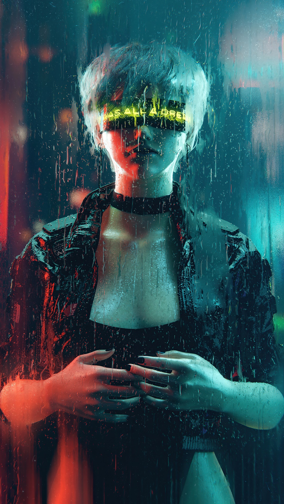 Cyberpunk woman with neon blindfold in the rain HD Phone Wallpaper