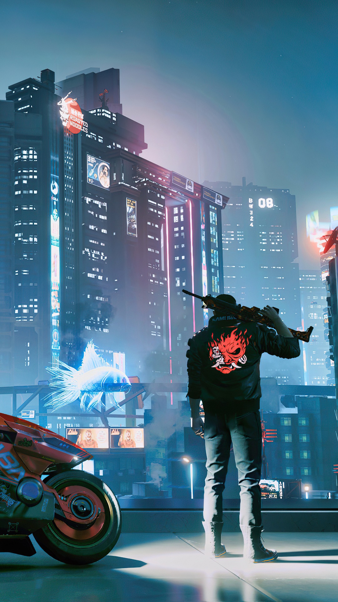 Cyberpunk 2077 character with rifle and motorcycle HD Phone Wallpaper