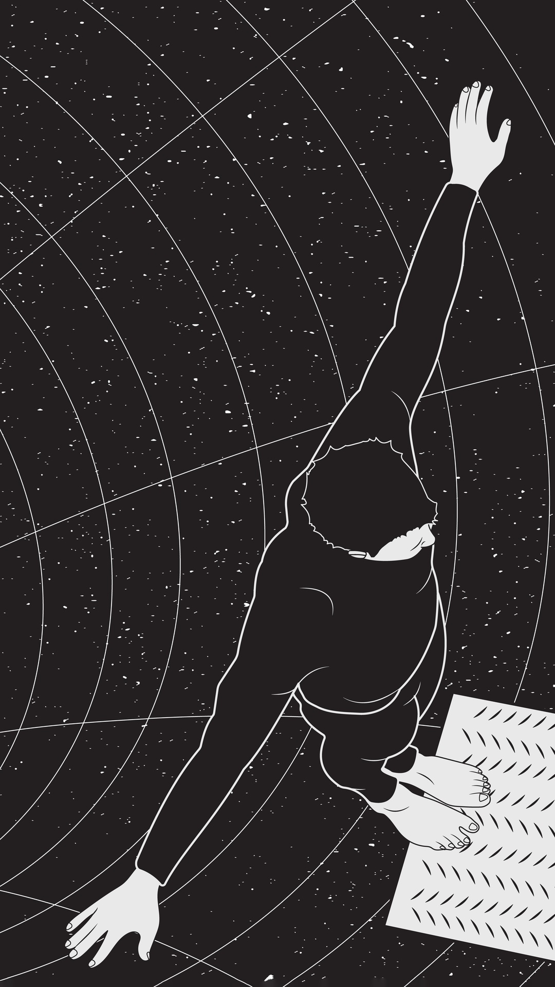 Man reaching out in a starry void with grid lines HD Phone Wallpaper