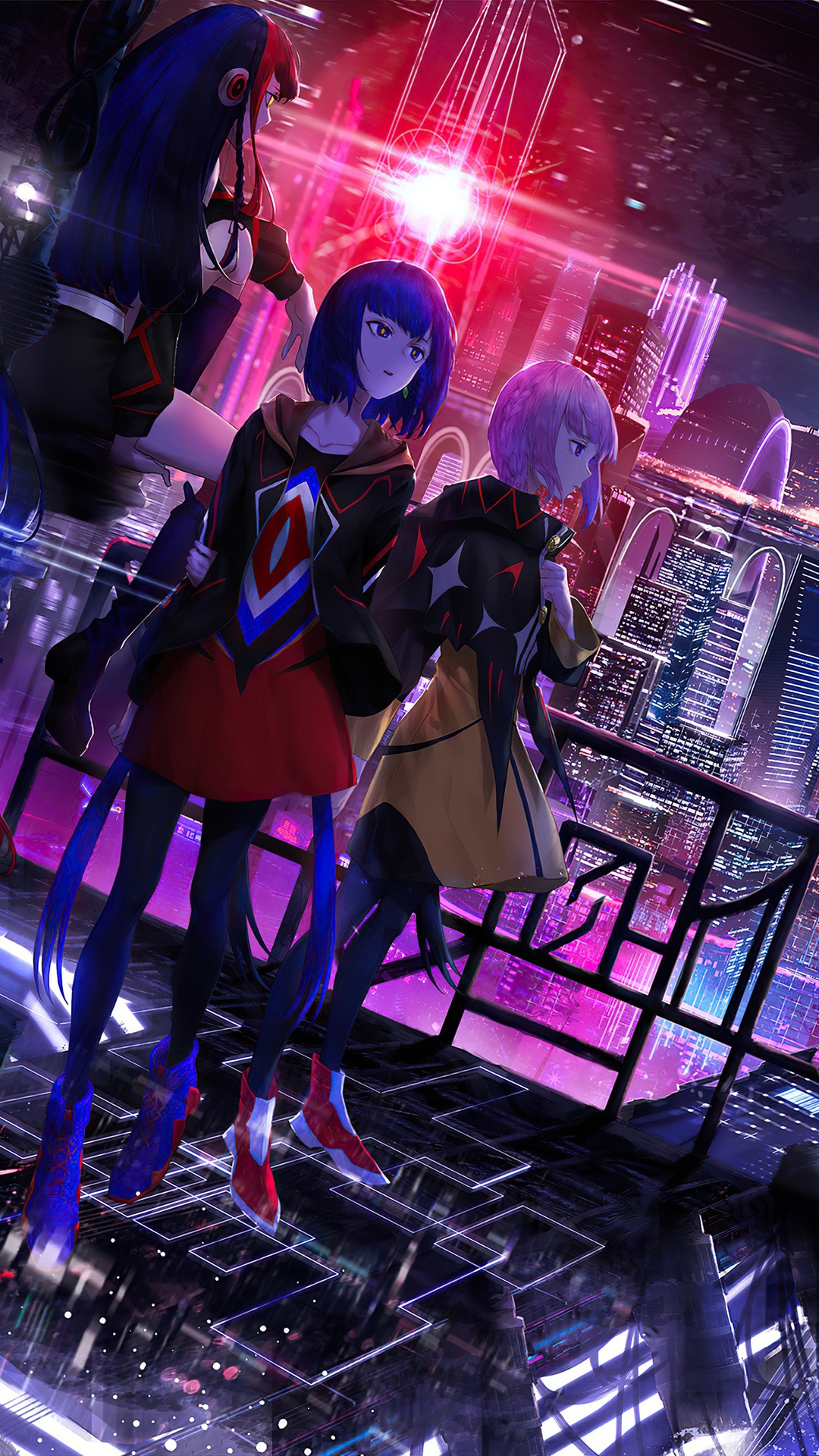 Anime girls in a futuristic city at night HD Phone Wallpaper