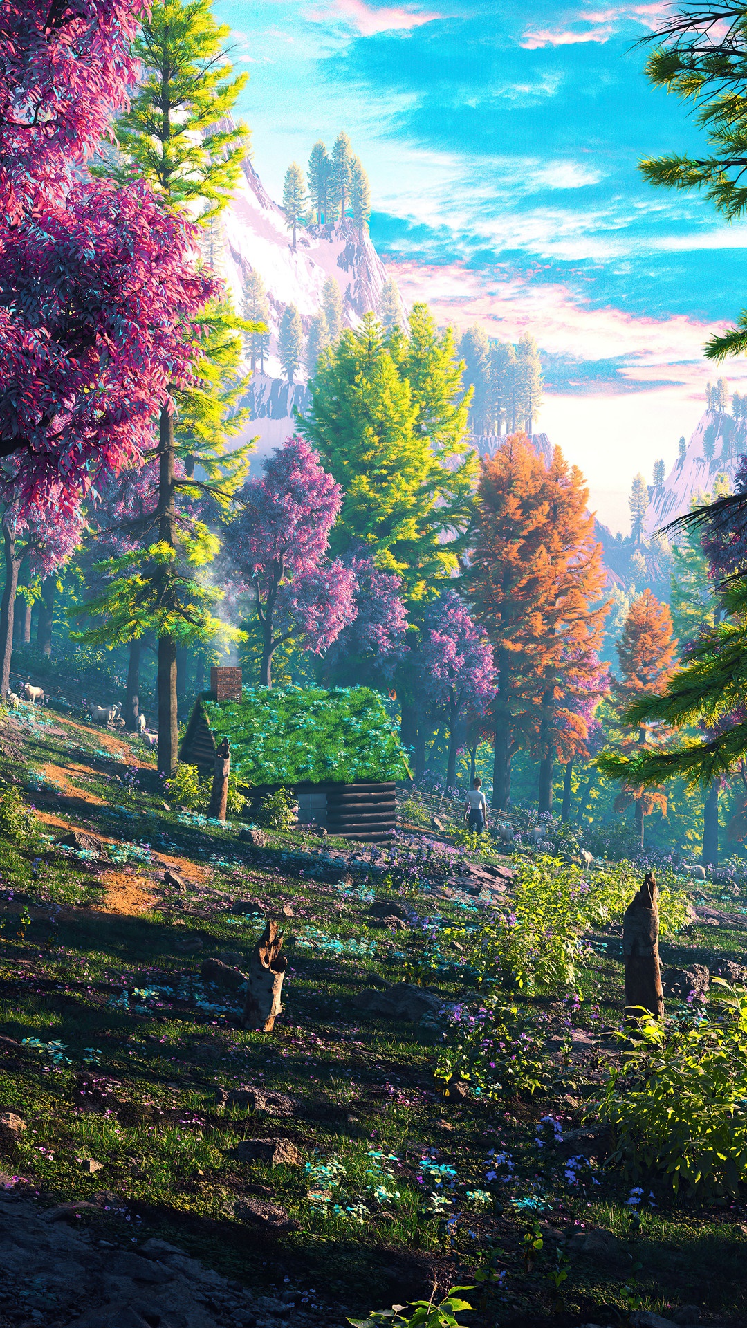 Digital art of a fantasy forest with a cabin HD Phone Wallpaper