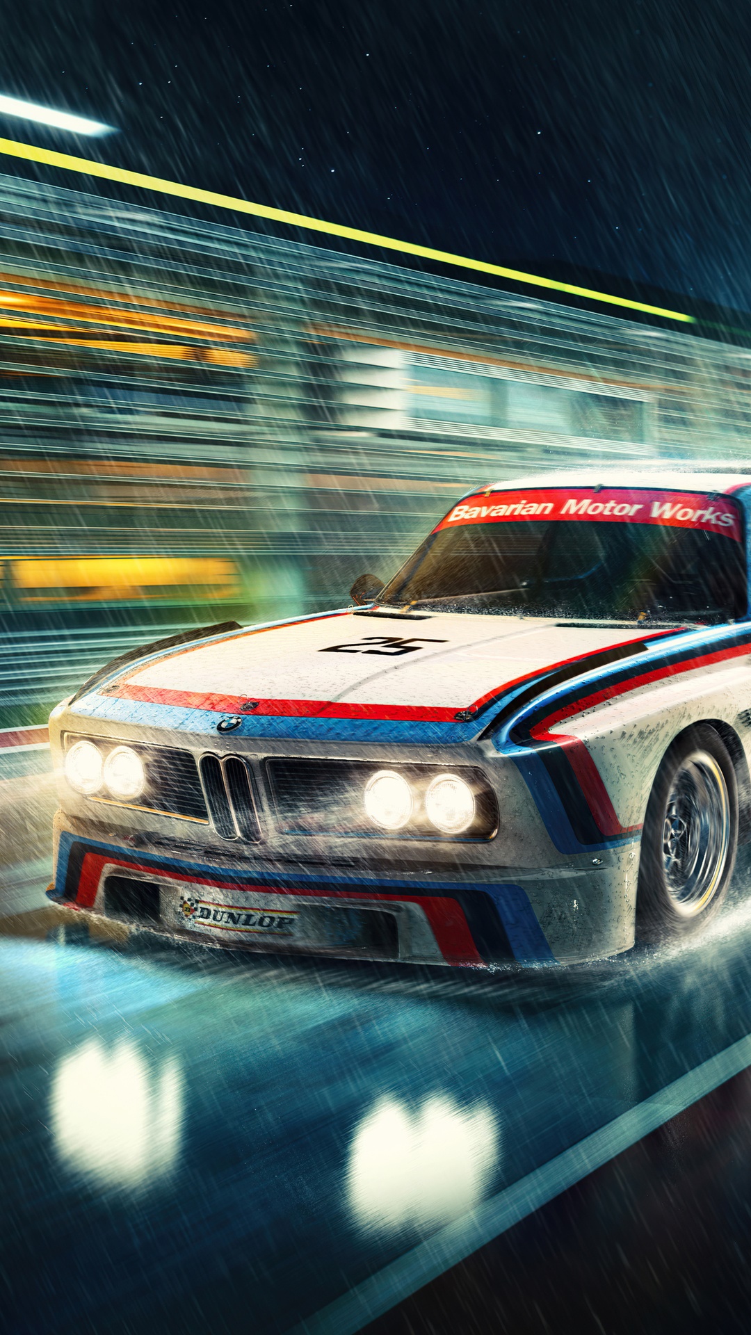 BMW race car driving in the rain HD Phone Wallpaper