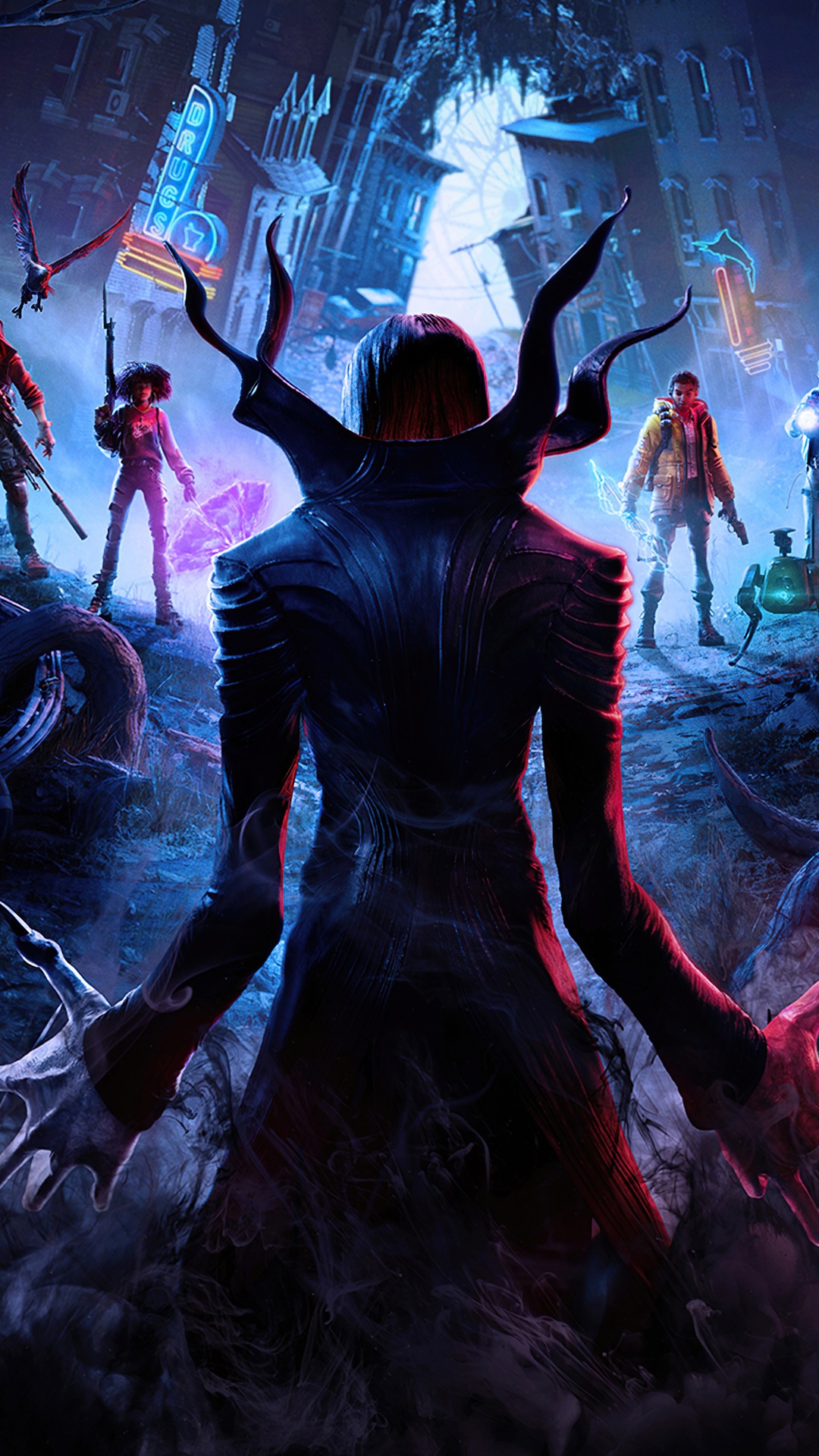 Redfall characters in a dark, ruined city HD Phone Wallpaper