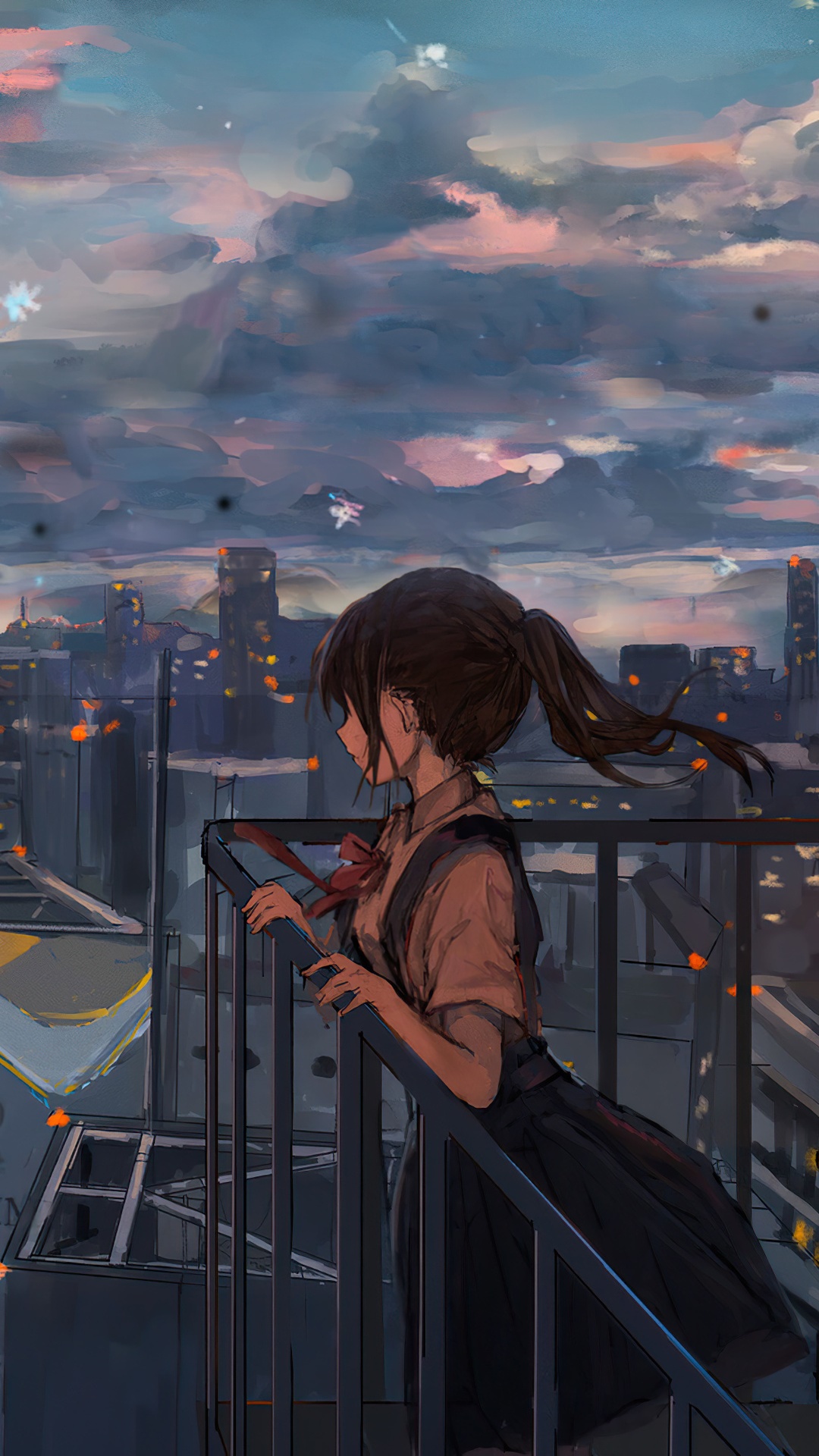 Anime girl overlooking a cityscape at dusk HD Phone Wallpaper