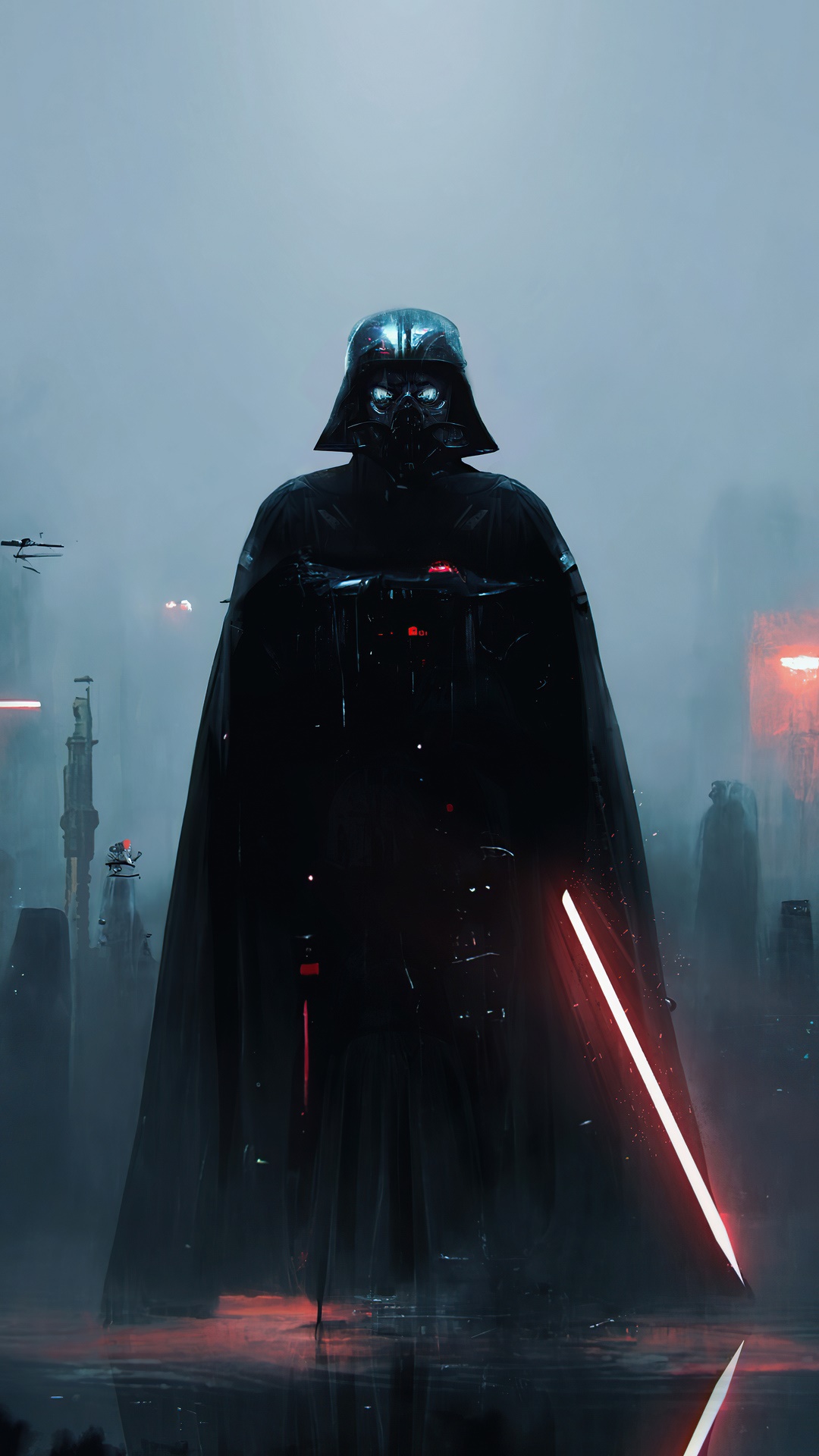 Darth Vader with Red Lightsaber in Futuristic City HD Phone Wallpaper