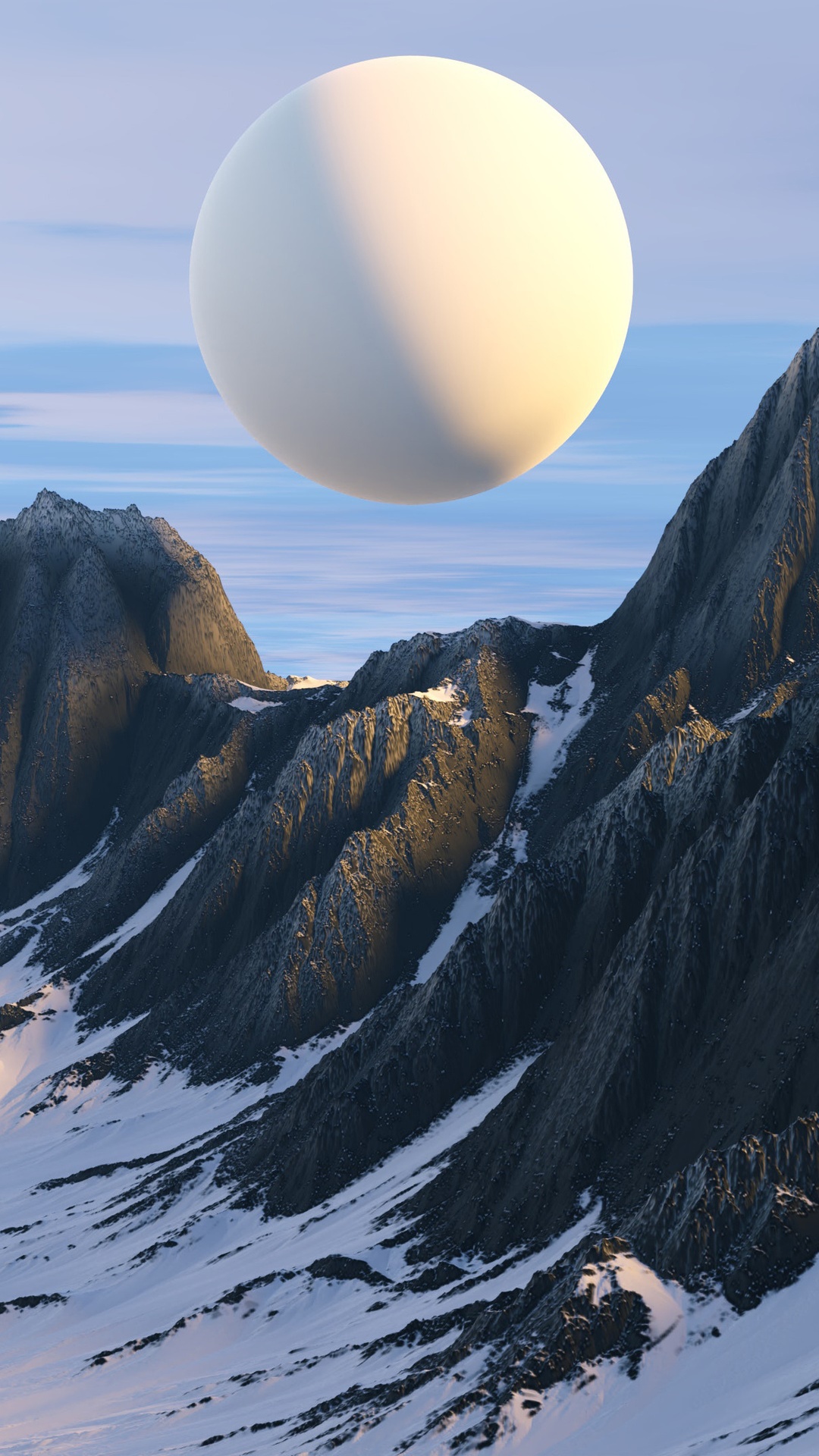 Digital art illustration of a surreal landscape with a large sphere HD Phone Wallpaper