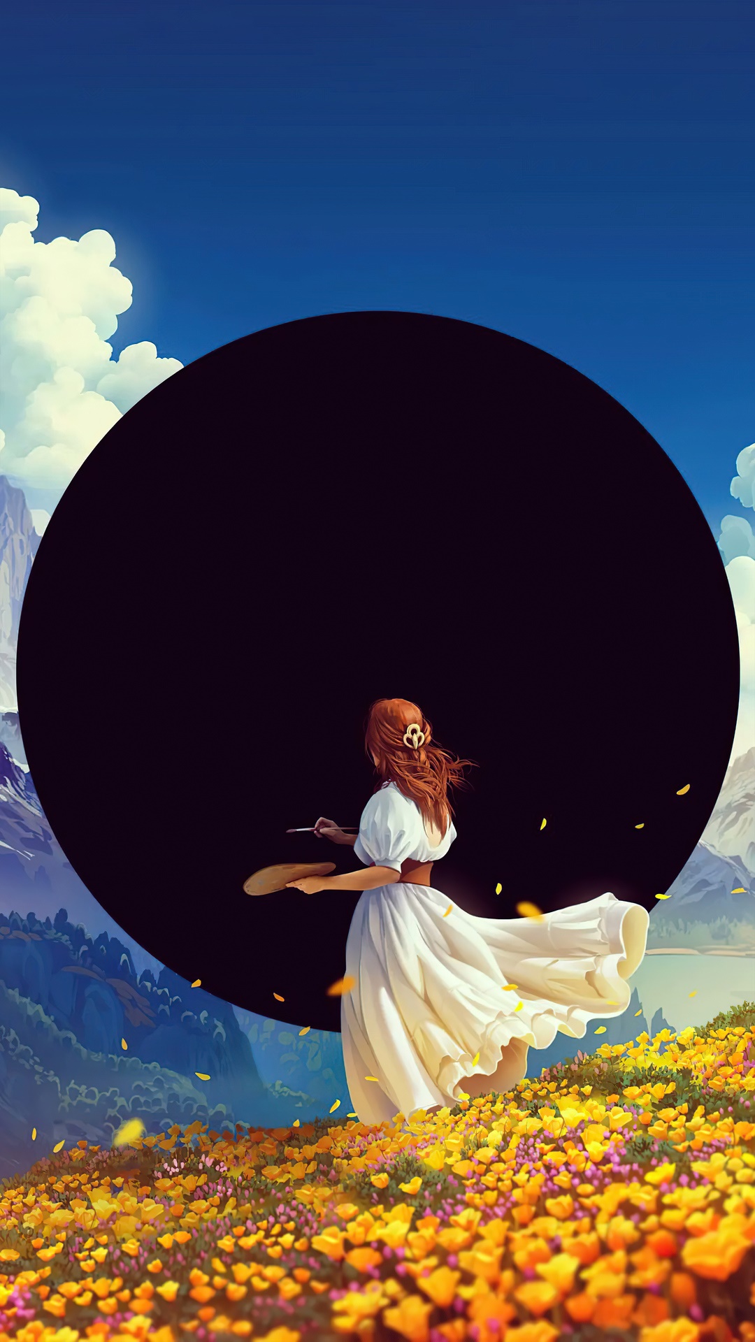 Girl painting a black circle in a field of flowers HD Phone Wallpaper