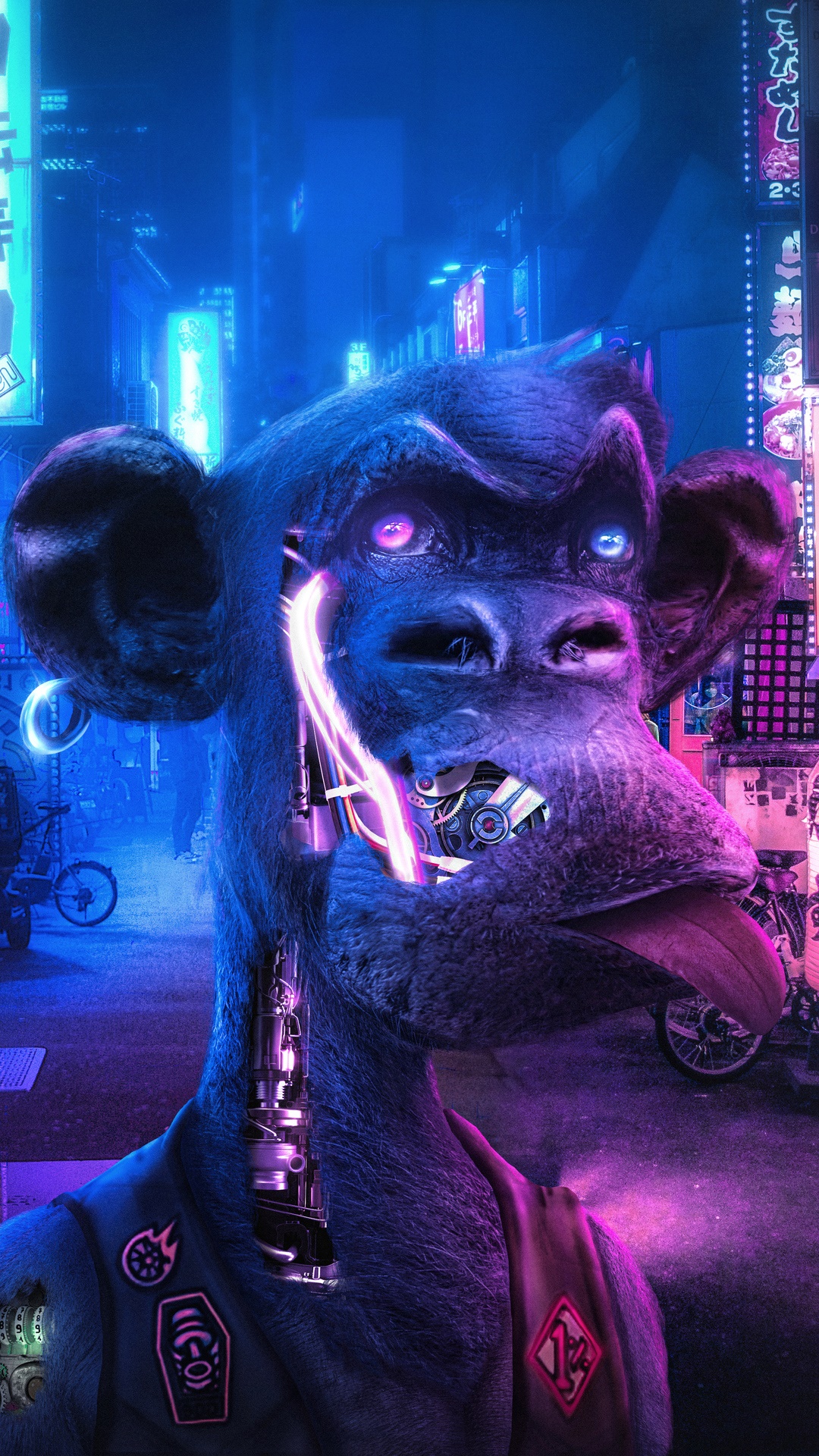 Scifi artwork of a cyborg ape in a neon city HD Phone Wallpaper