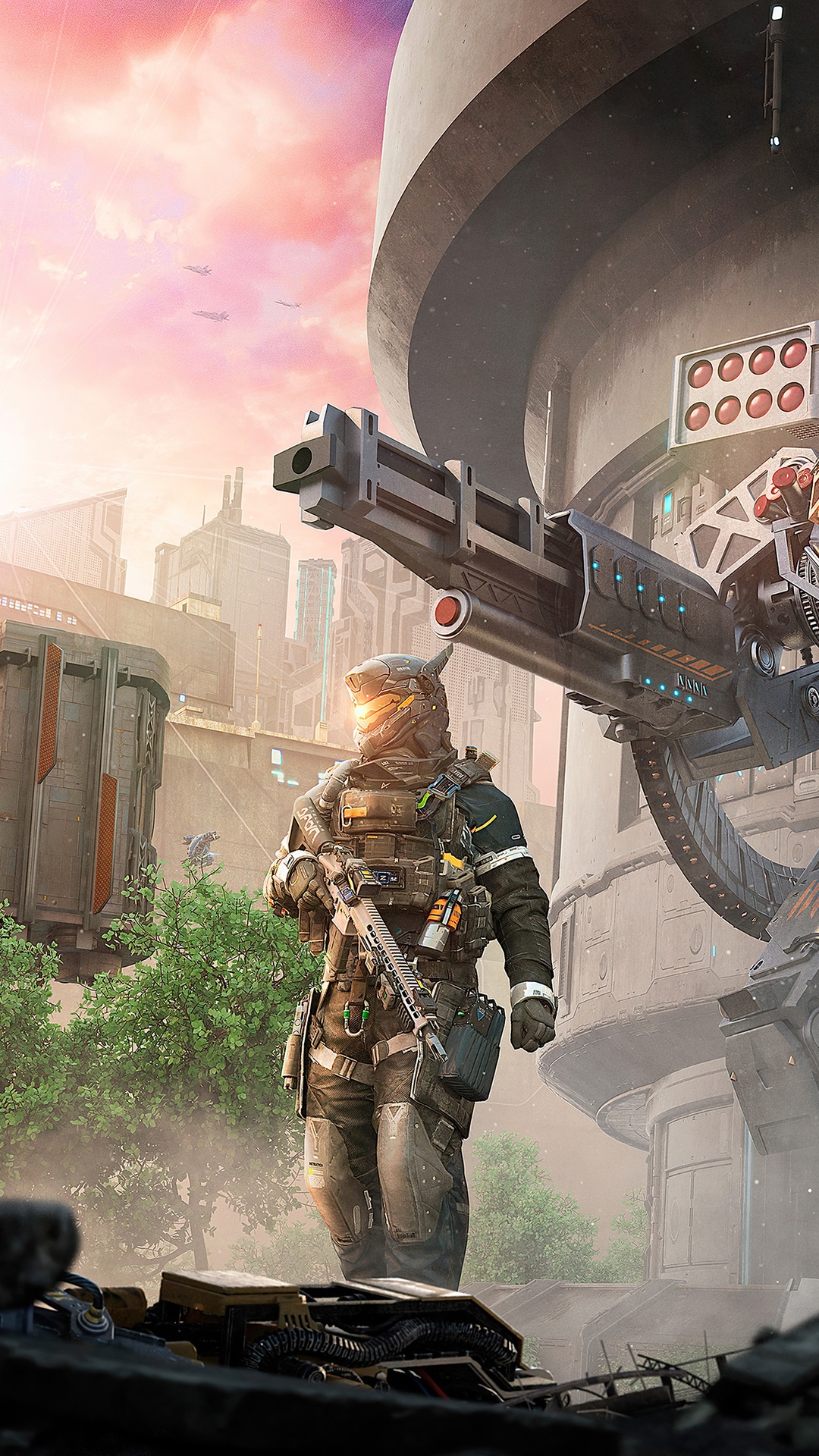 Soldier with futuristic weapon in a city HD Phone Wallpaper