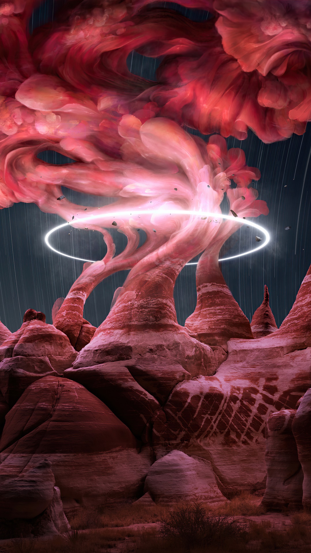 Surreal red rock formations with glowing tree and ring HD Phone Wallpaper
