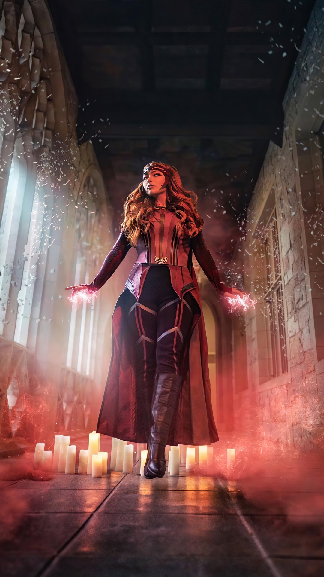 Scarlet Witch cosplay with magical effects HD Phone Wallpaper