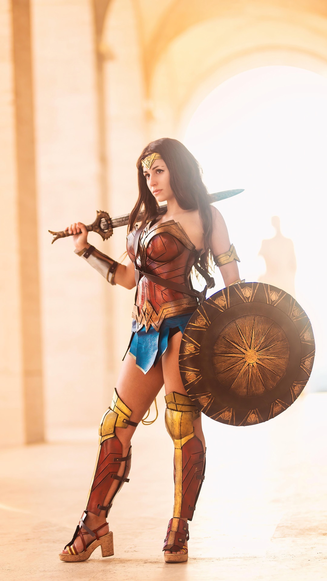 Wonder Woman cosplay with sword and shield HD Phone Wallpaper