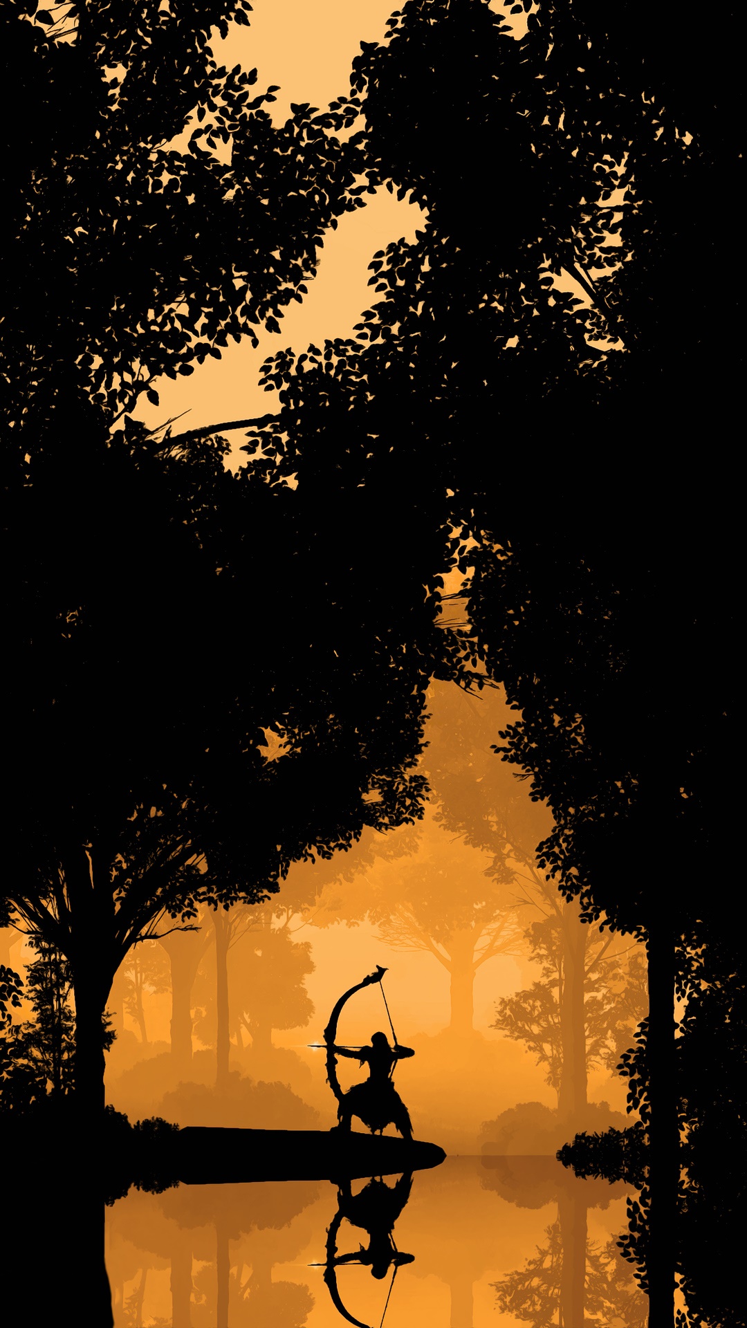 Archer in a mystical forest at sunset HD Phone Wallpaper