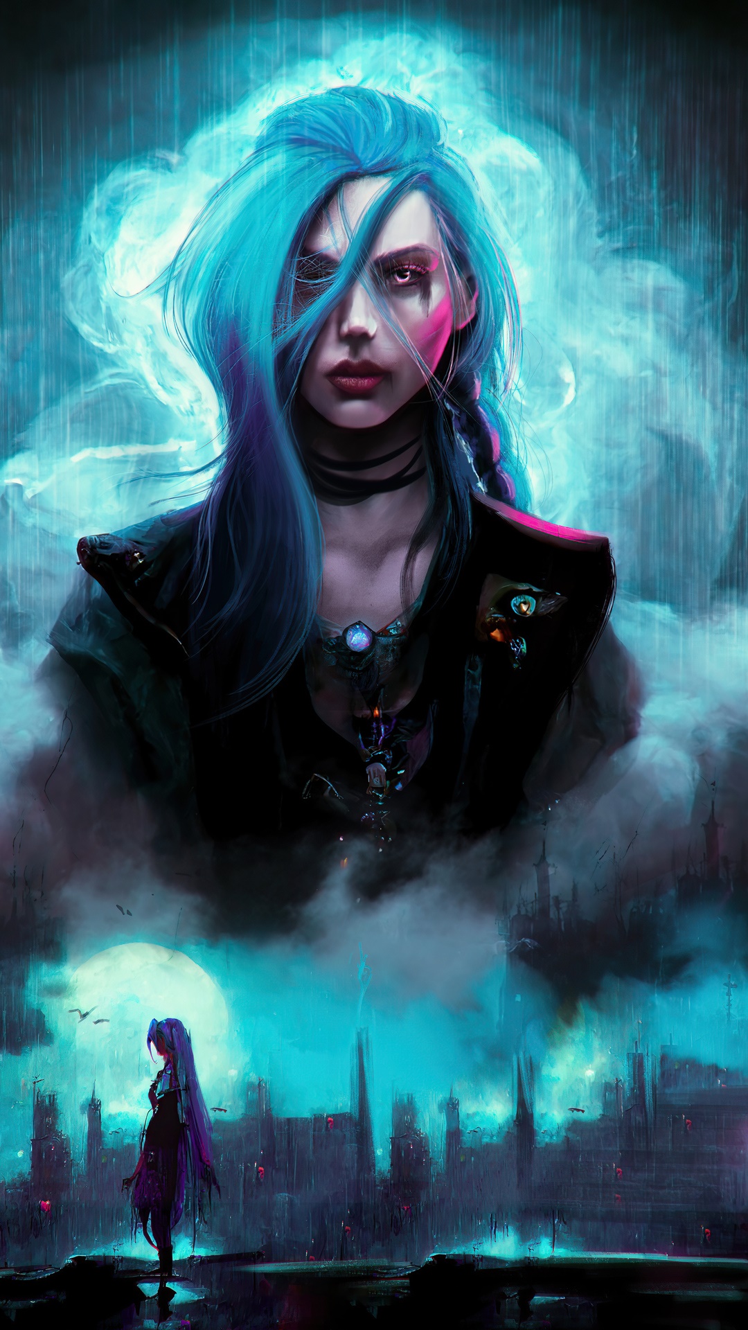 Jinx from League of Legends in a rainy city HD Phone Wallpaper