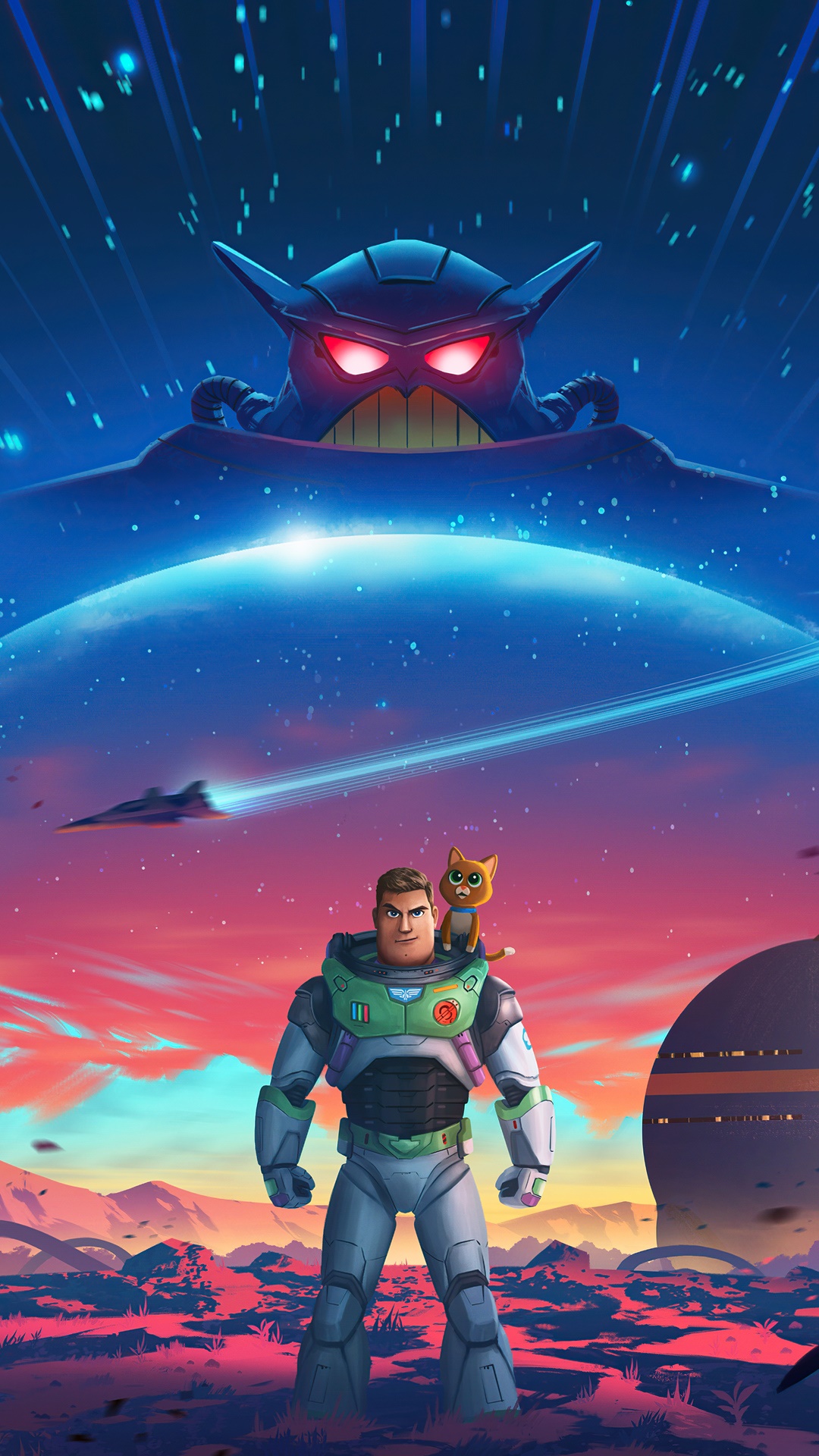 Buzz Lightyear and Sox with Zurg in the background HD Phone Wallpaper
