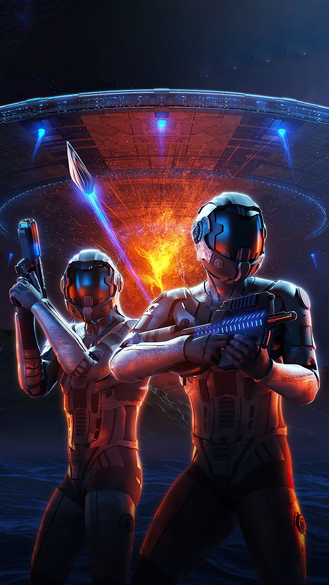 Two soldiers in futuristic armor with guns near a UFO HD Phone Wallpaper