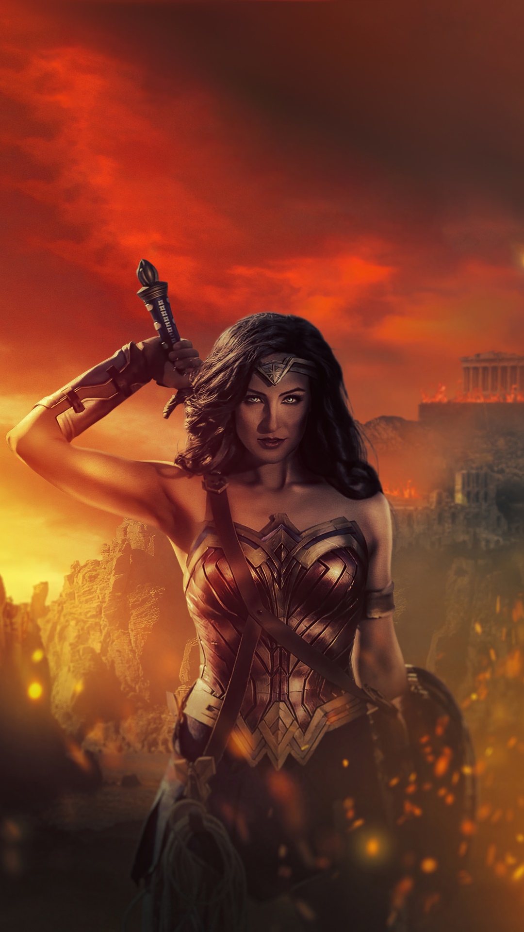 Wonder Woman with Sword and Shield in a Fiery Landscape HD Phone Wallpaper