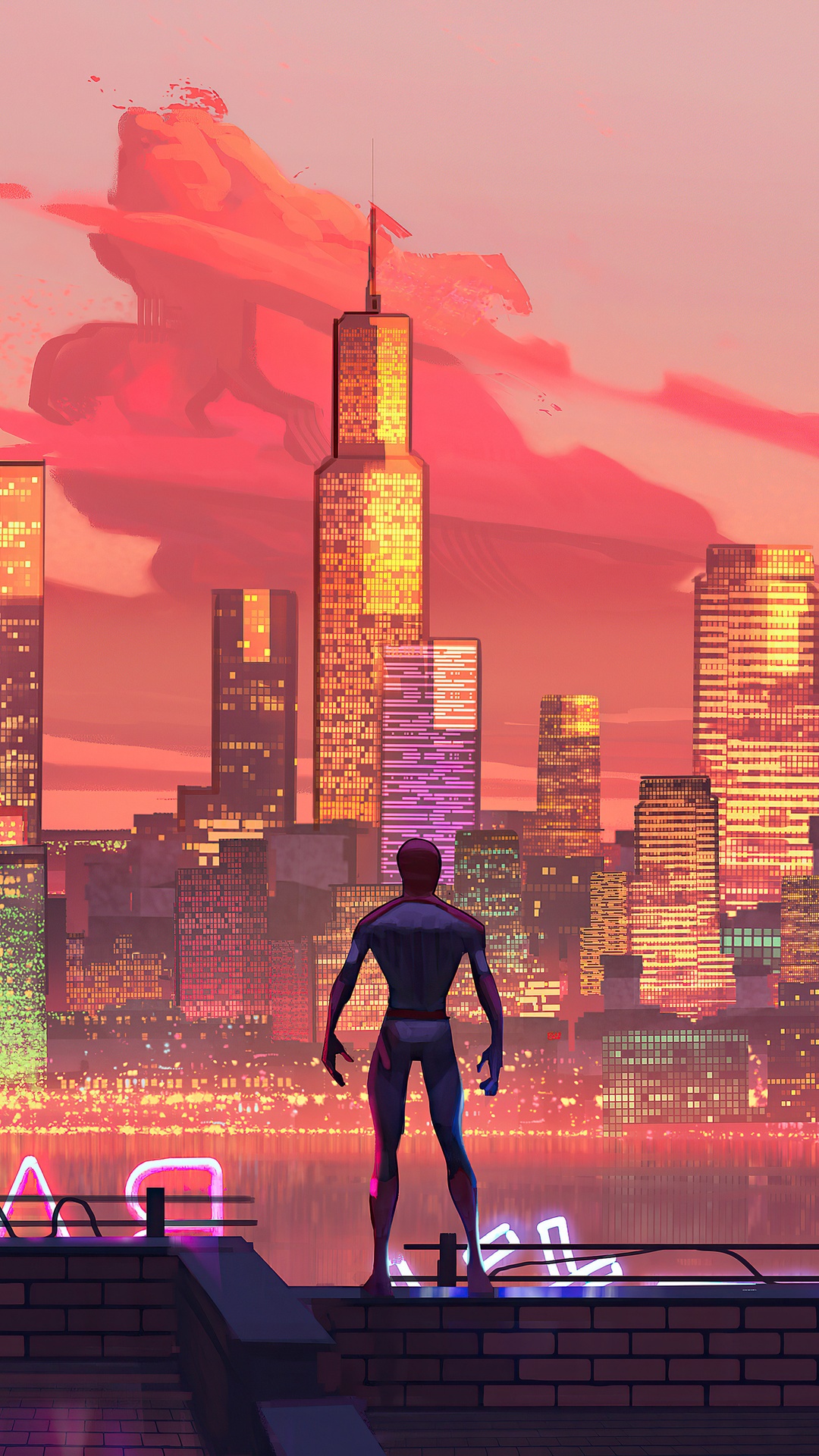 Spider-Man overlooking a neon city at sunset HD Phone Wallpaper
