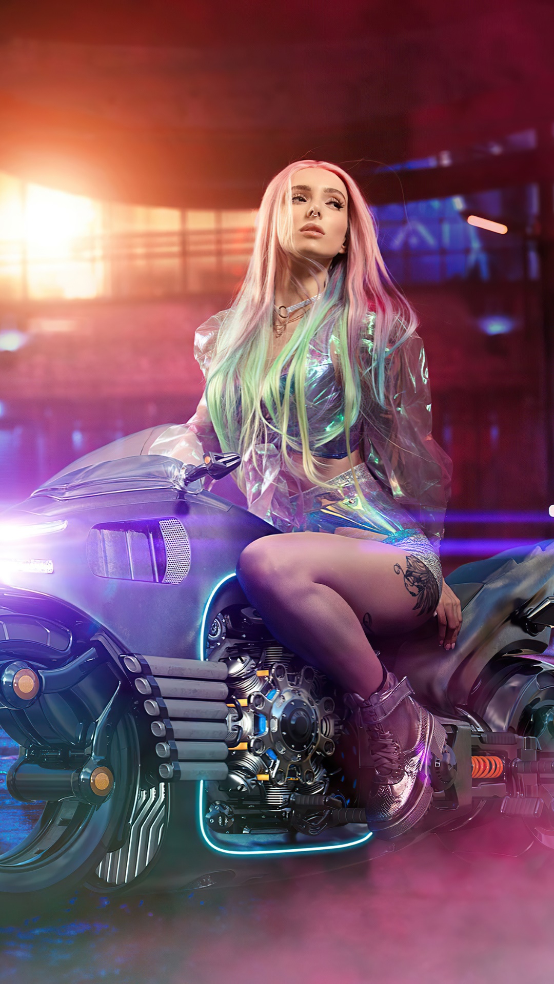 Sci-fi biker woman with pink and green hair on a futuristic motorcycle HD Phone Wallpaper