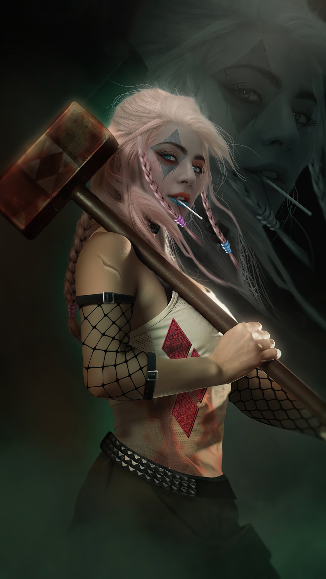 Harley Quinn holding a large hammer and a lollipop HD Phone Wallpaper