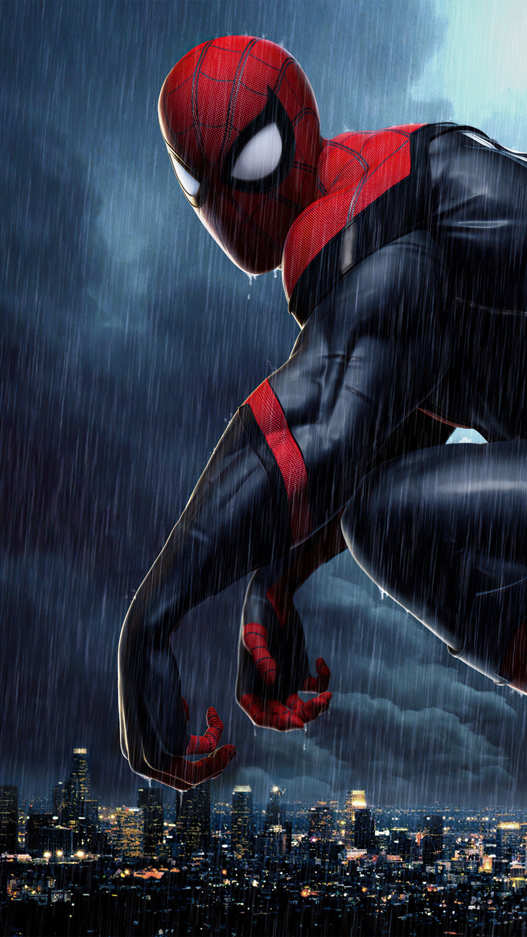 Spiderman in the rain over a city HD Phone Wallpaper