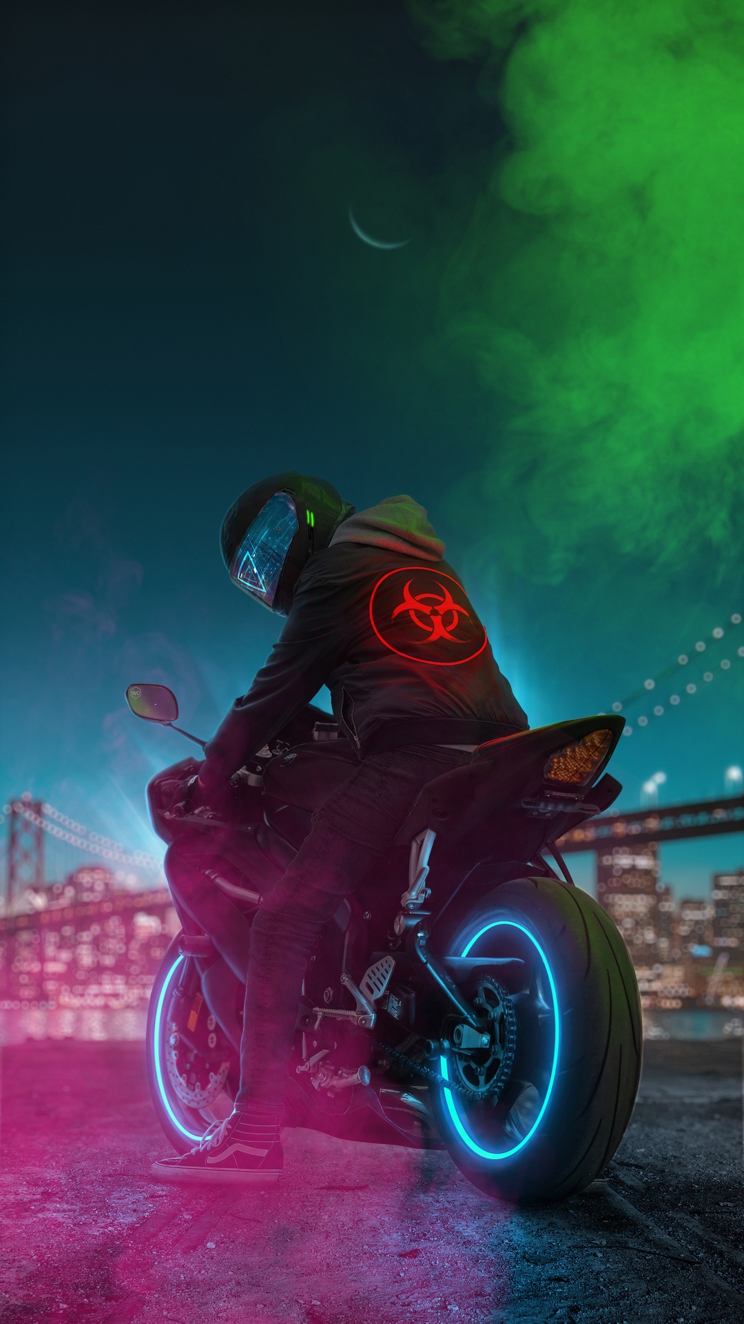 Biker with biohazard symbol on jacket HD Phone Wallpaper