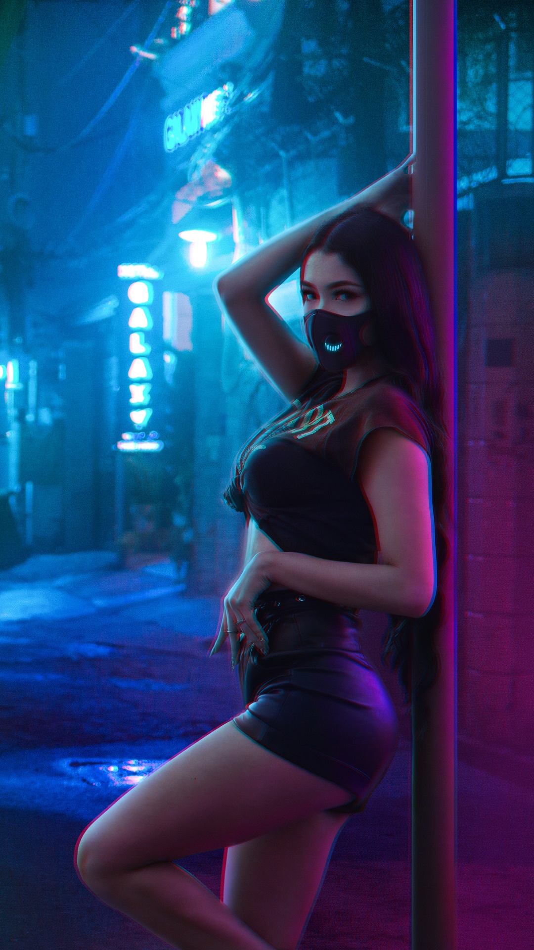 Girl in mask leaning on pole in neon city HD Phone Wallpaper