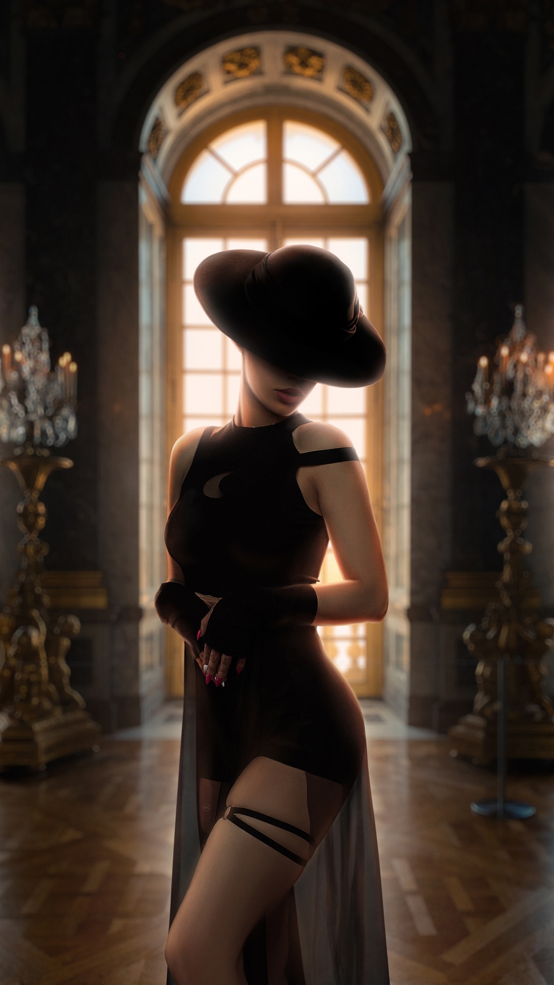 Woman in black hat and dress in ornate room HD Phone Wallpaper