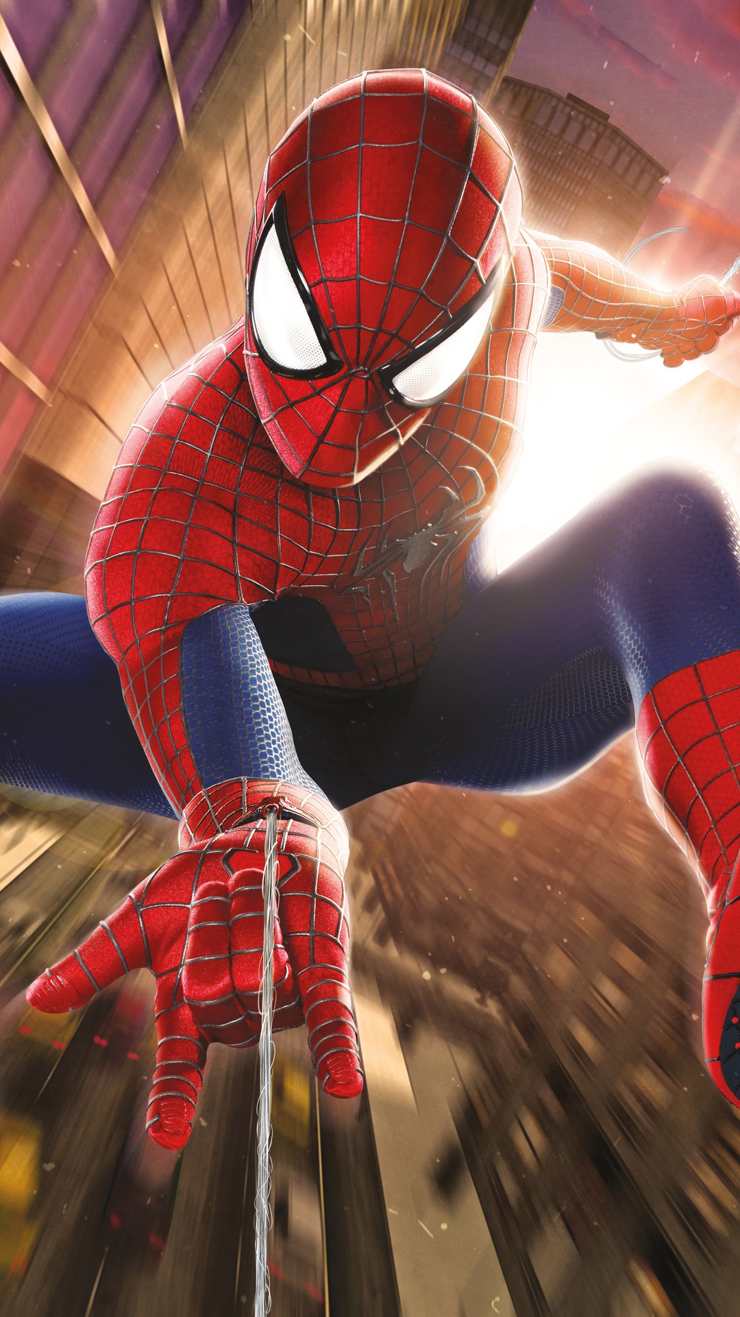 Spider-Man swinging through a city HD Phone Wallpaper