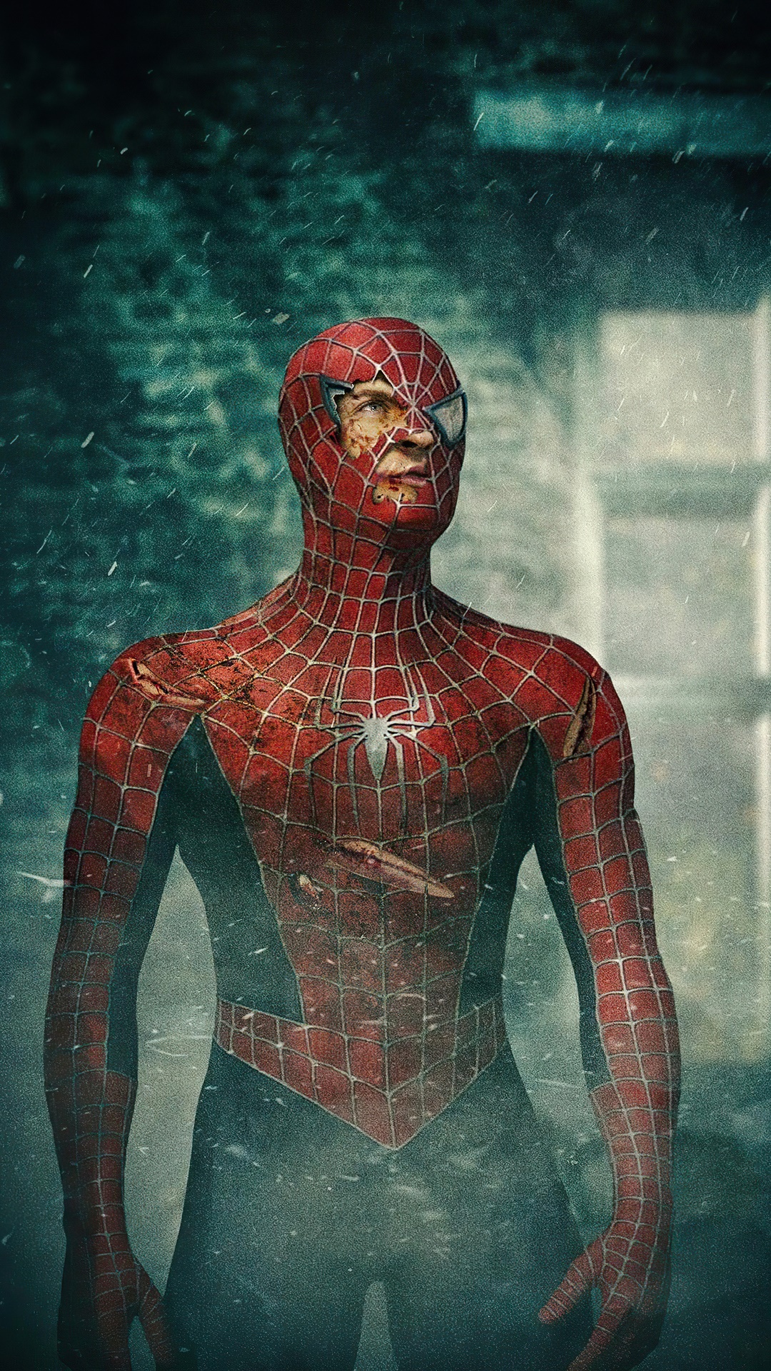 Spider-Man in a damaged suit HD Phone Wallpaper