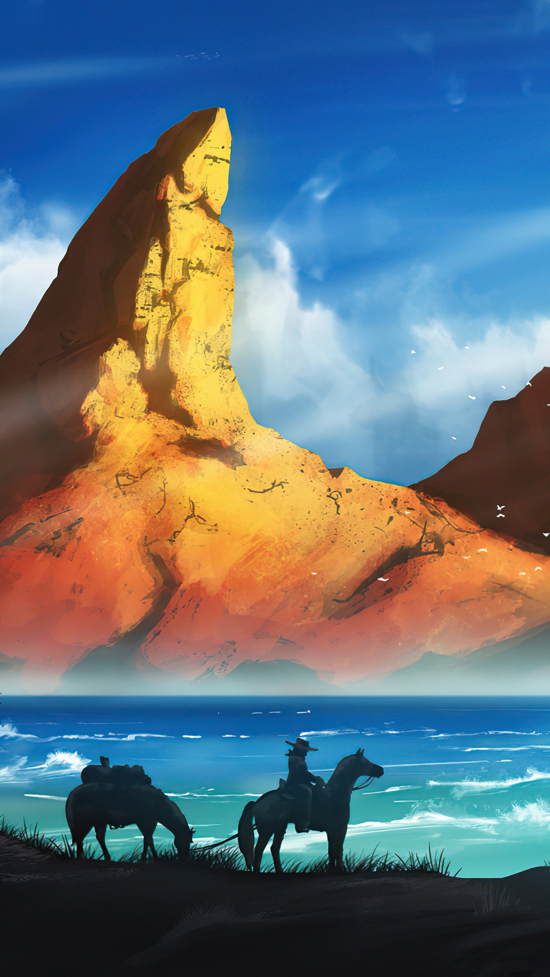 Cowboy and horse by the sea with a large rock formation HD Phone Wallpaper