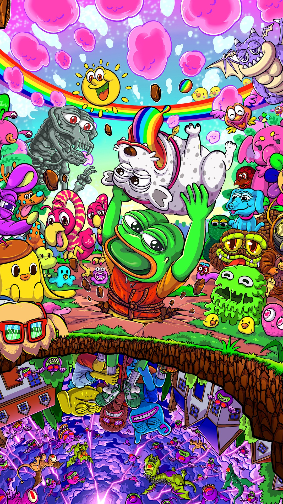 Pepe the Frog and friends in a psychedelic world HD Phone Wallpaper