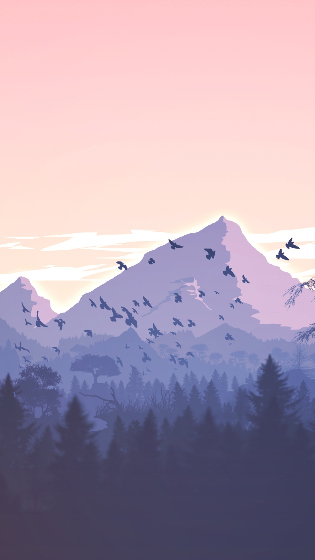 Minimalist landscape with mountains and birds HD Phone Wallpaper