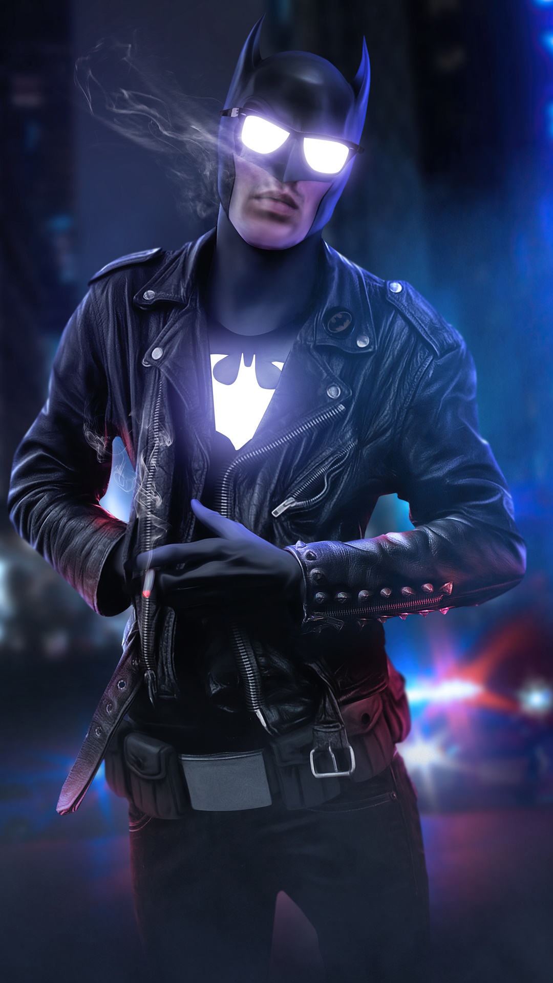 Batman in a leather jacket with sunglasses and smoking HD Phone Wallpaper