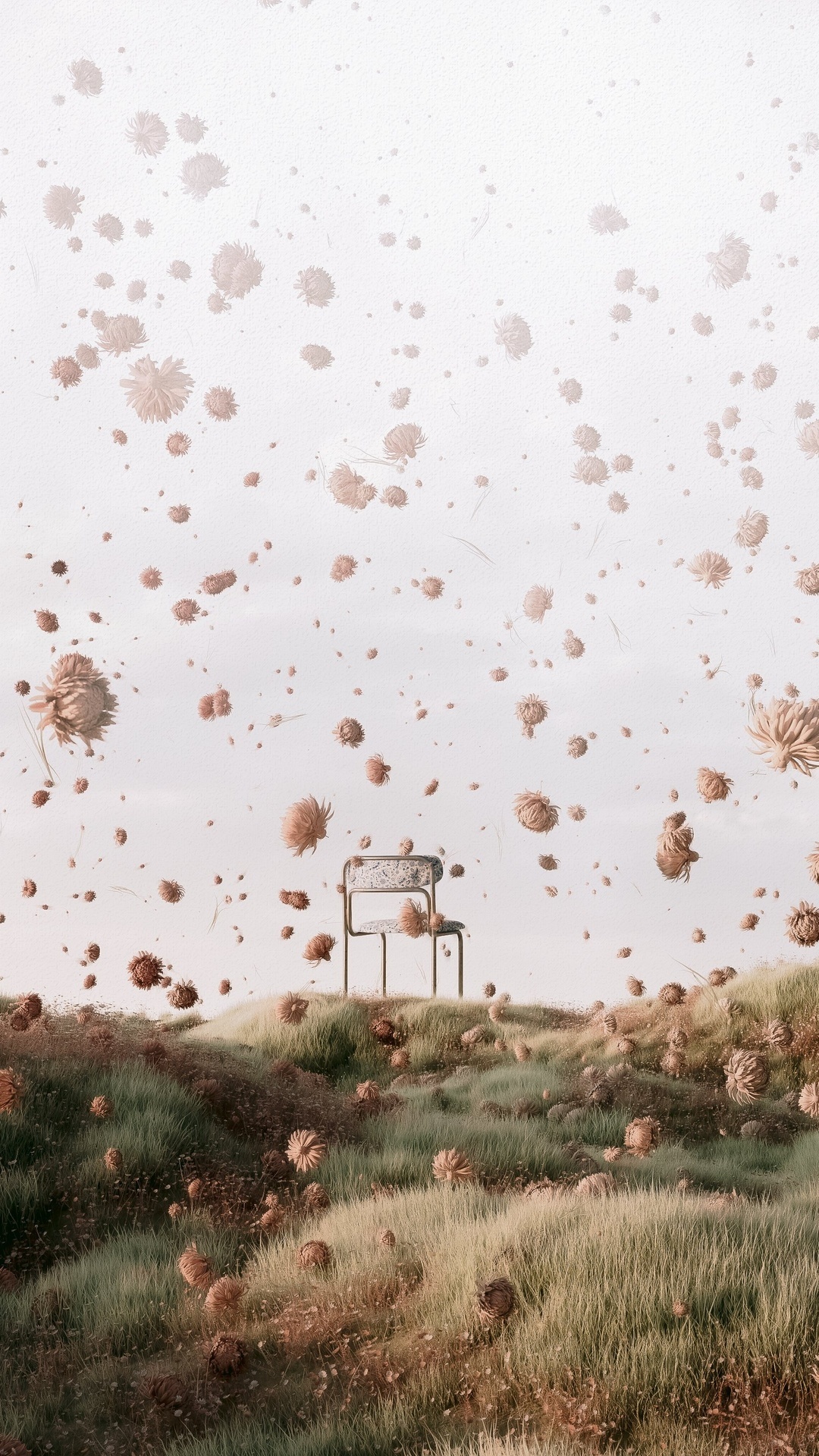 Digital art of a chair in a field of flowers HD Phone Wallpaper