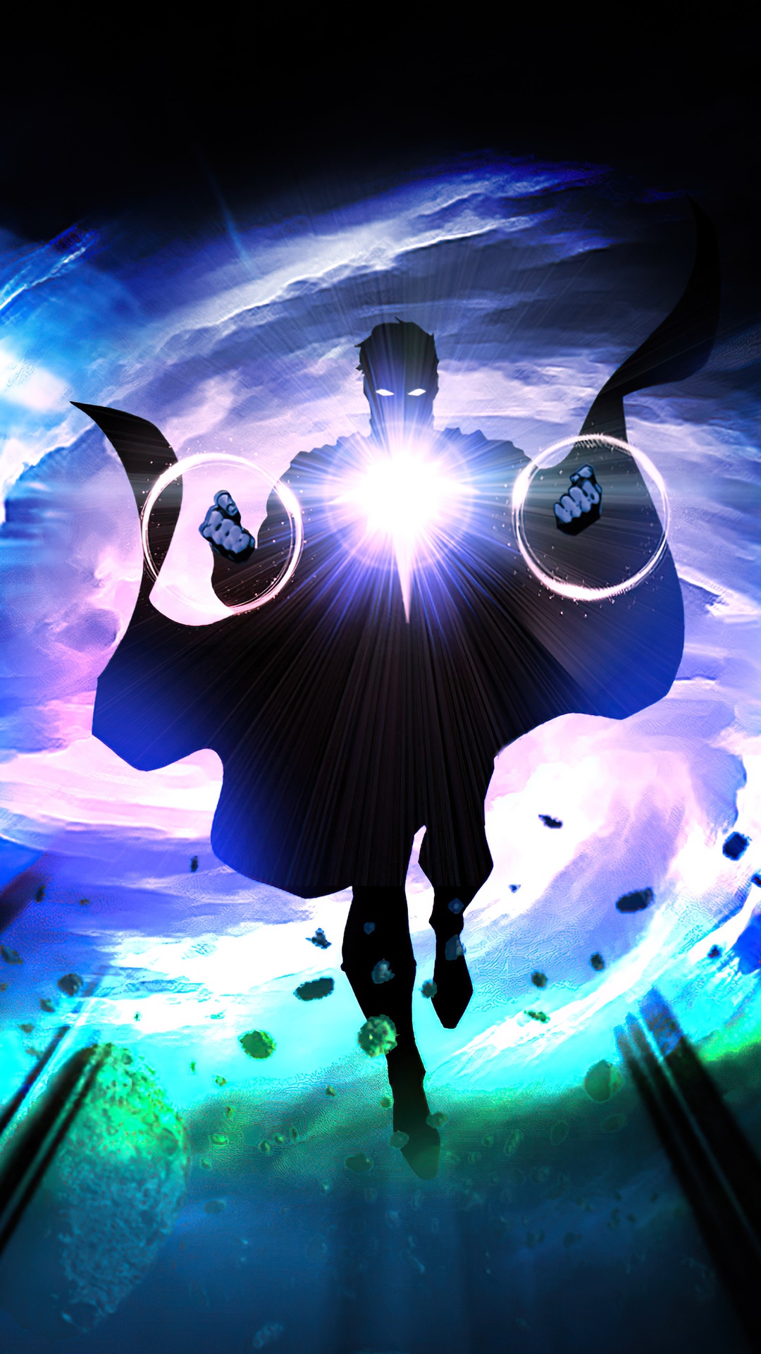 Superhero with glowing eyes and cape in space HD Phone Wallpaper
