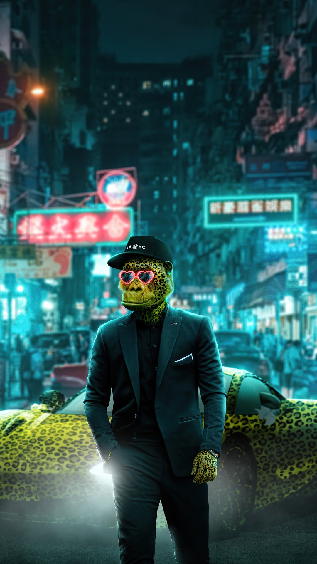 NFT Ape in a Suit with Leopard Car in Neon City HD Phone Wallpaper
