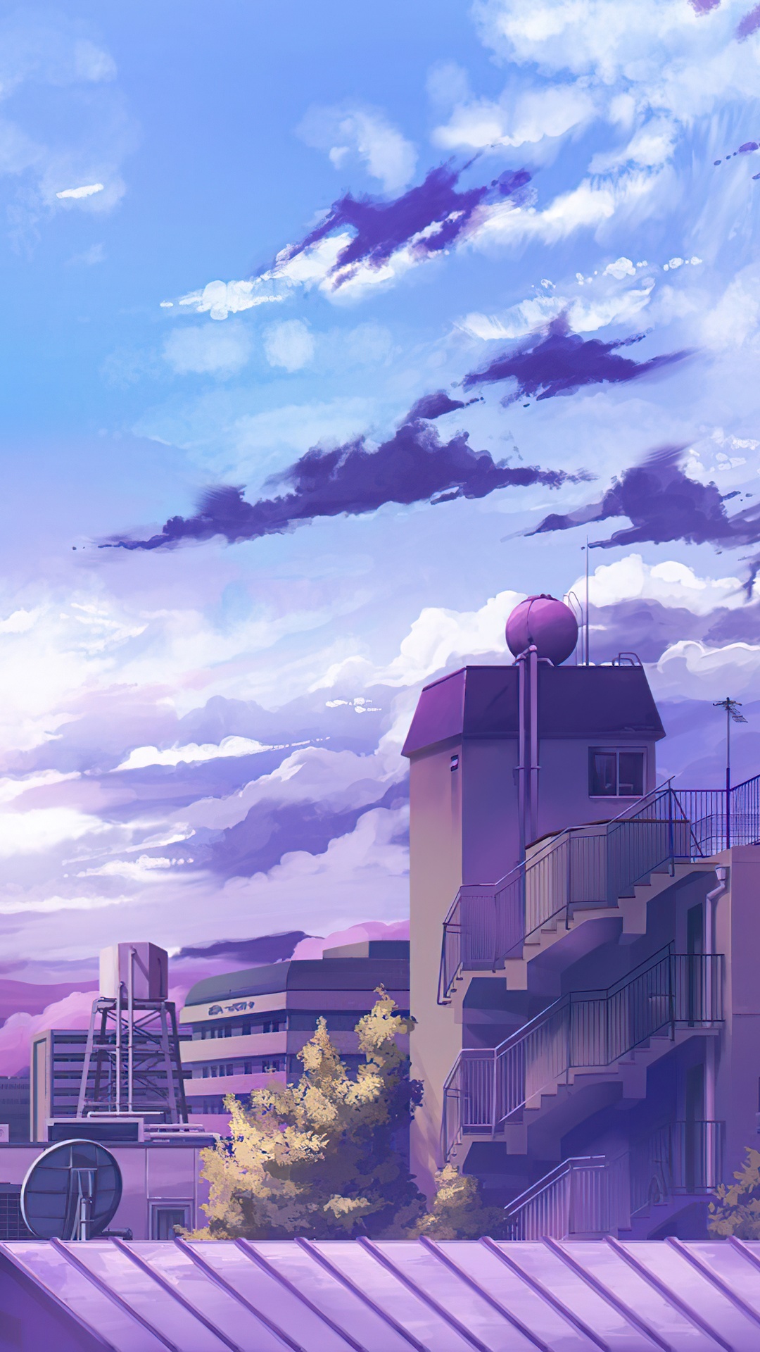 Anime cityscape with purple clouds and buildings HD Phone Wallpaper