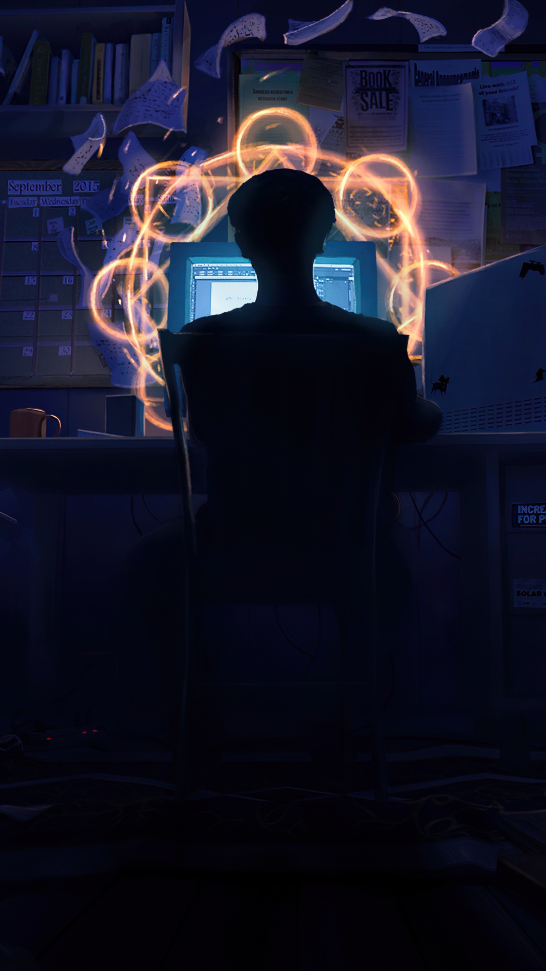Person working on computer with magical energy HD Phone Wallpaper