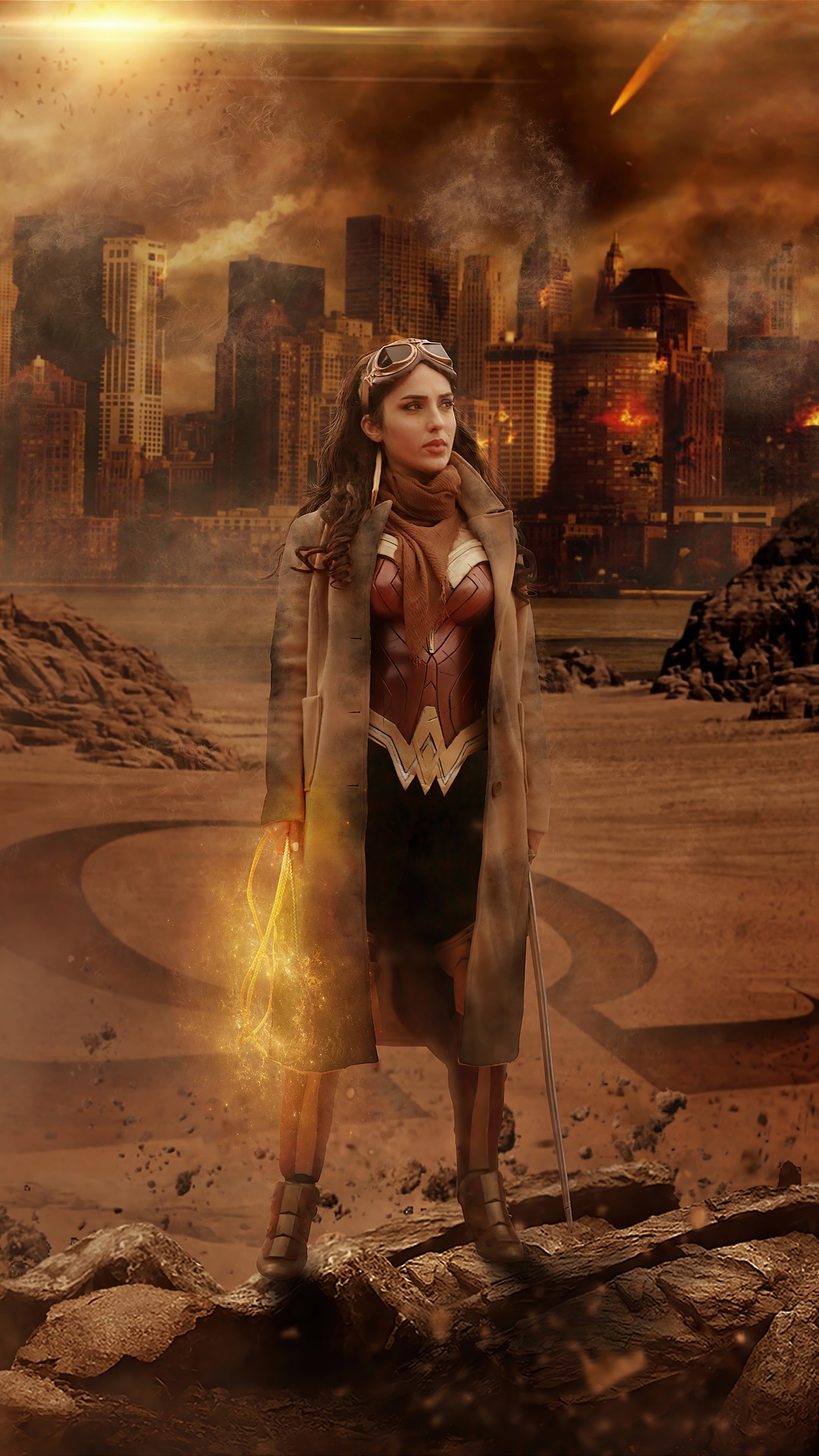 Wonder Woman in a post-apocalyptic city HD Phone Wallpaper