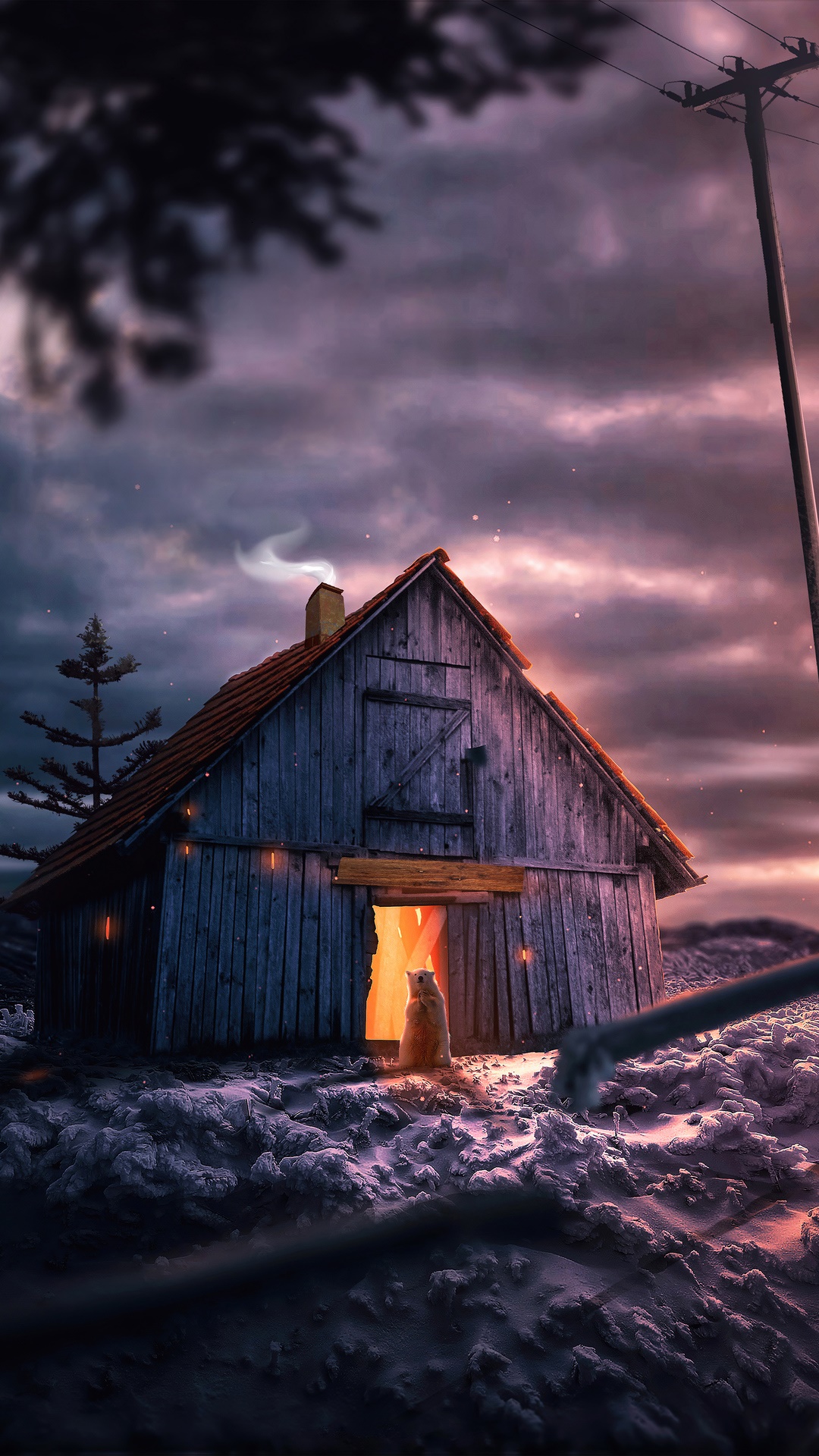 Bear in a wooden cabin at dusk HD Phone Wallpaper