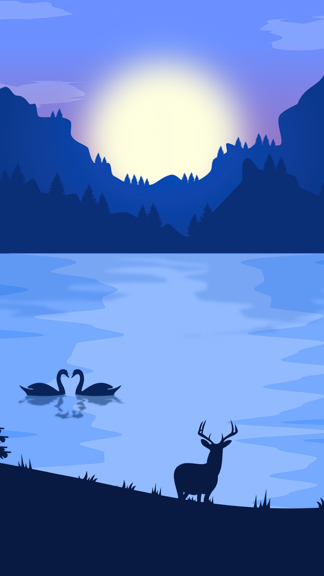 Deer and swans by a lake at sunset HD Phone Wallpaper