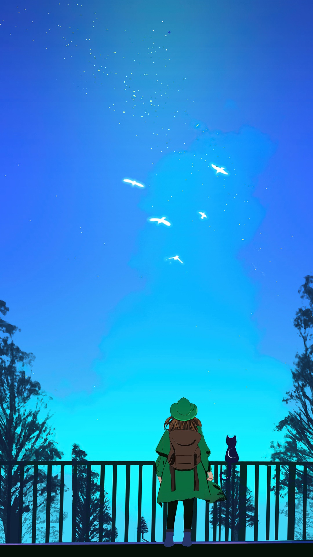 Girl and cat watching birds fly in the sky HD Phone Wallpaper
