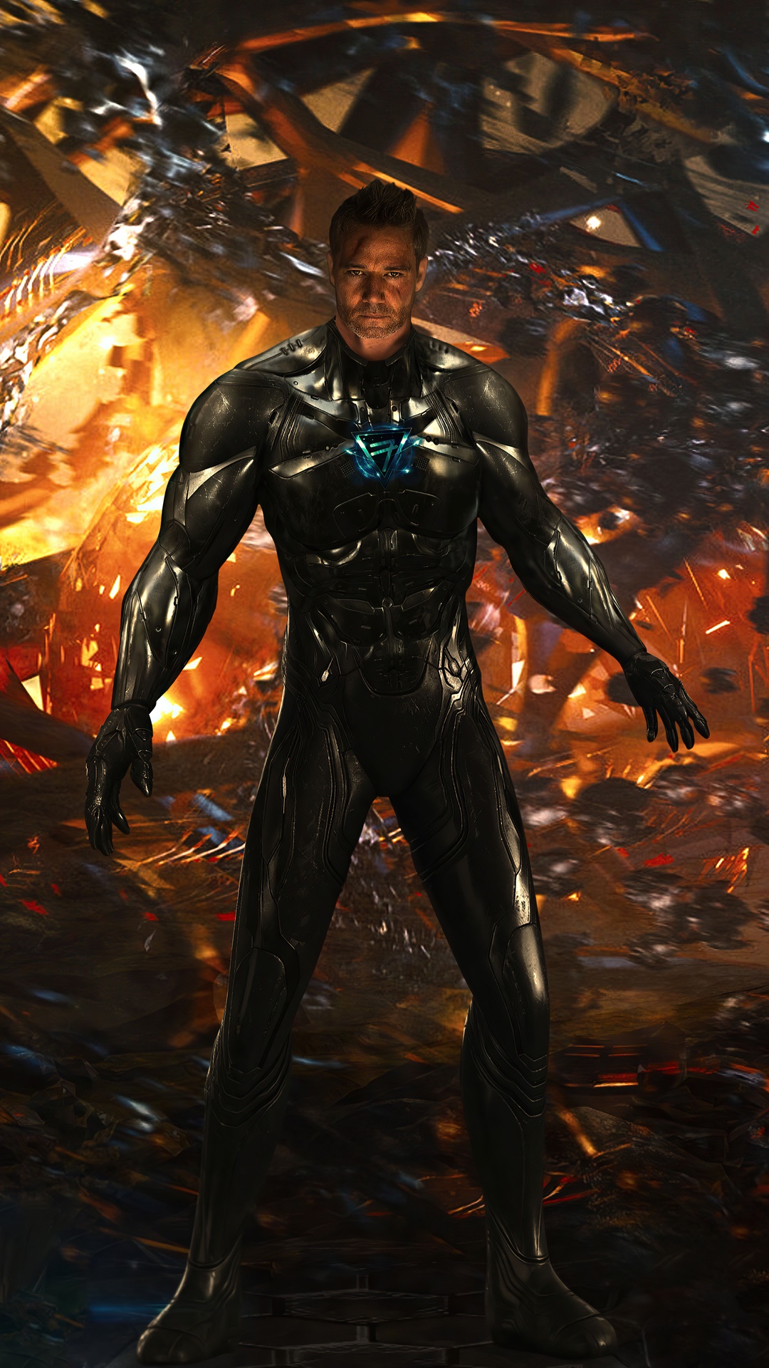 Iron Man in a black suit with a blue arc reactor HD Phone Wallpaper
