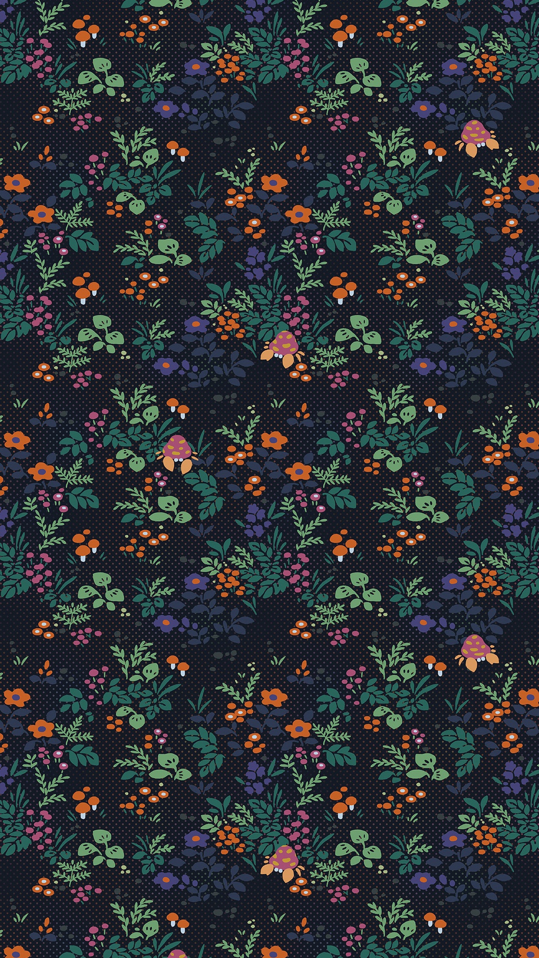 Dark Floral Pattern with Mushrooms and Berries HD Phone Wallpaper