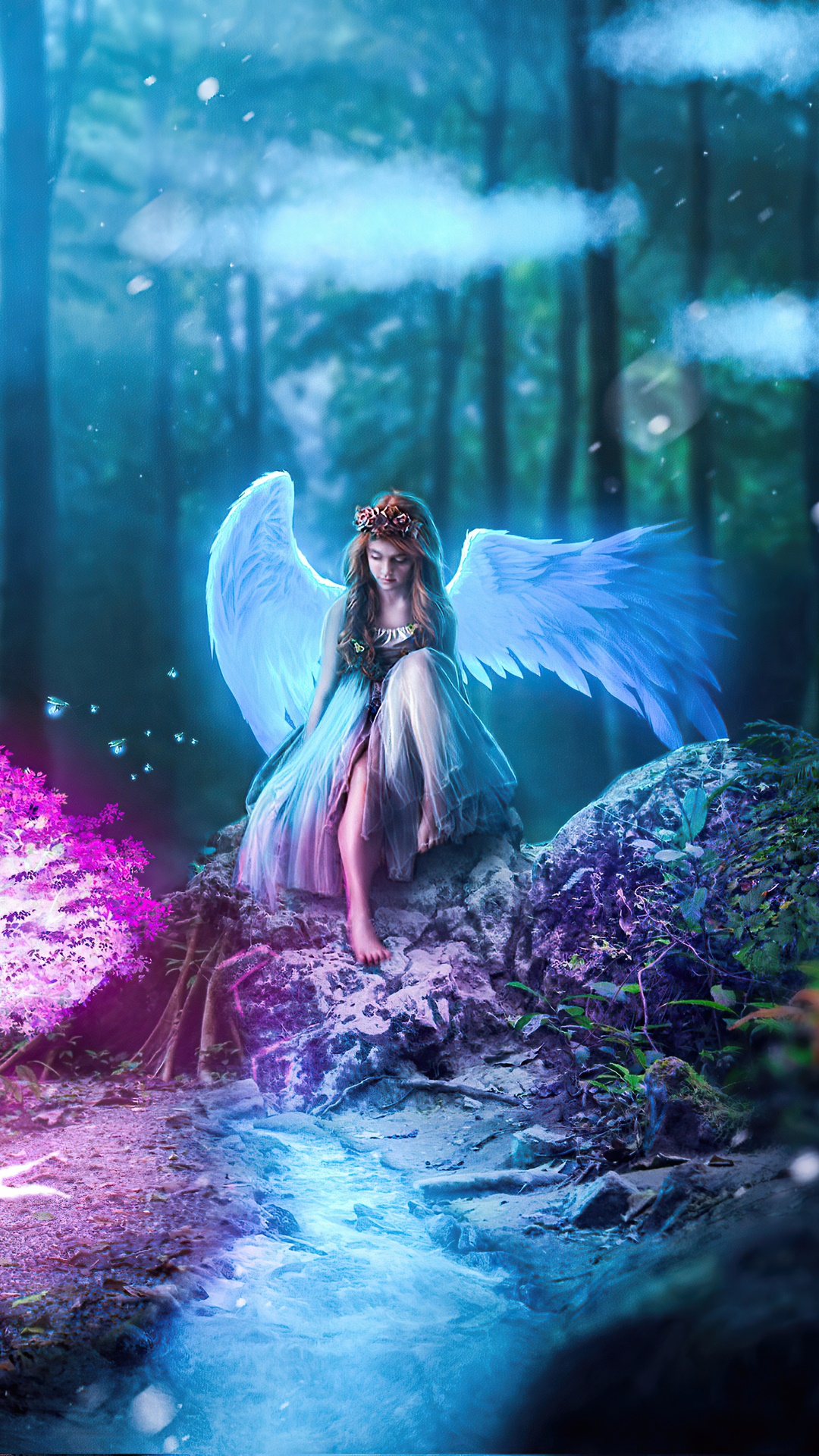 Angel sitting in a magical forest stream HD Phone Wallpaper